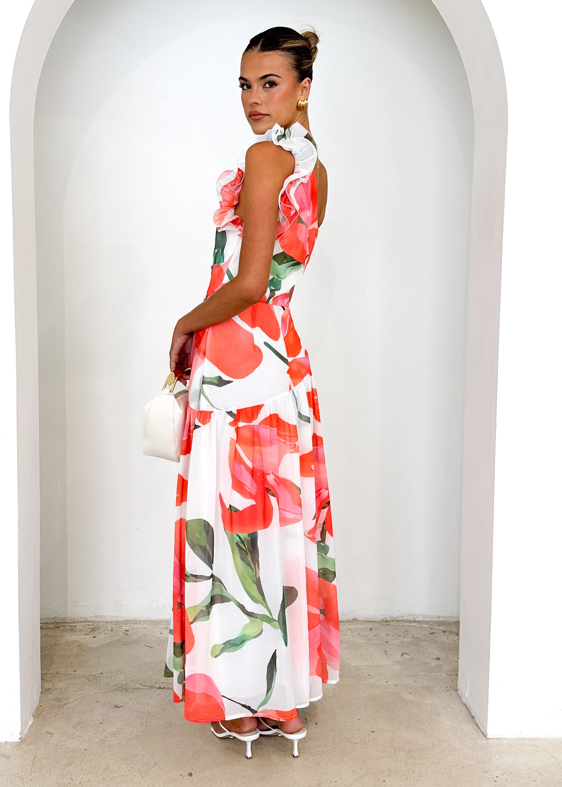 Lentara One Shoulder Maxi Dress - Red Flowers