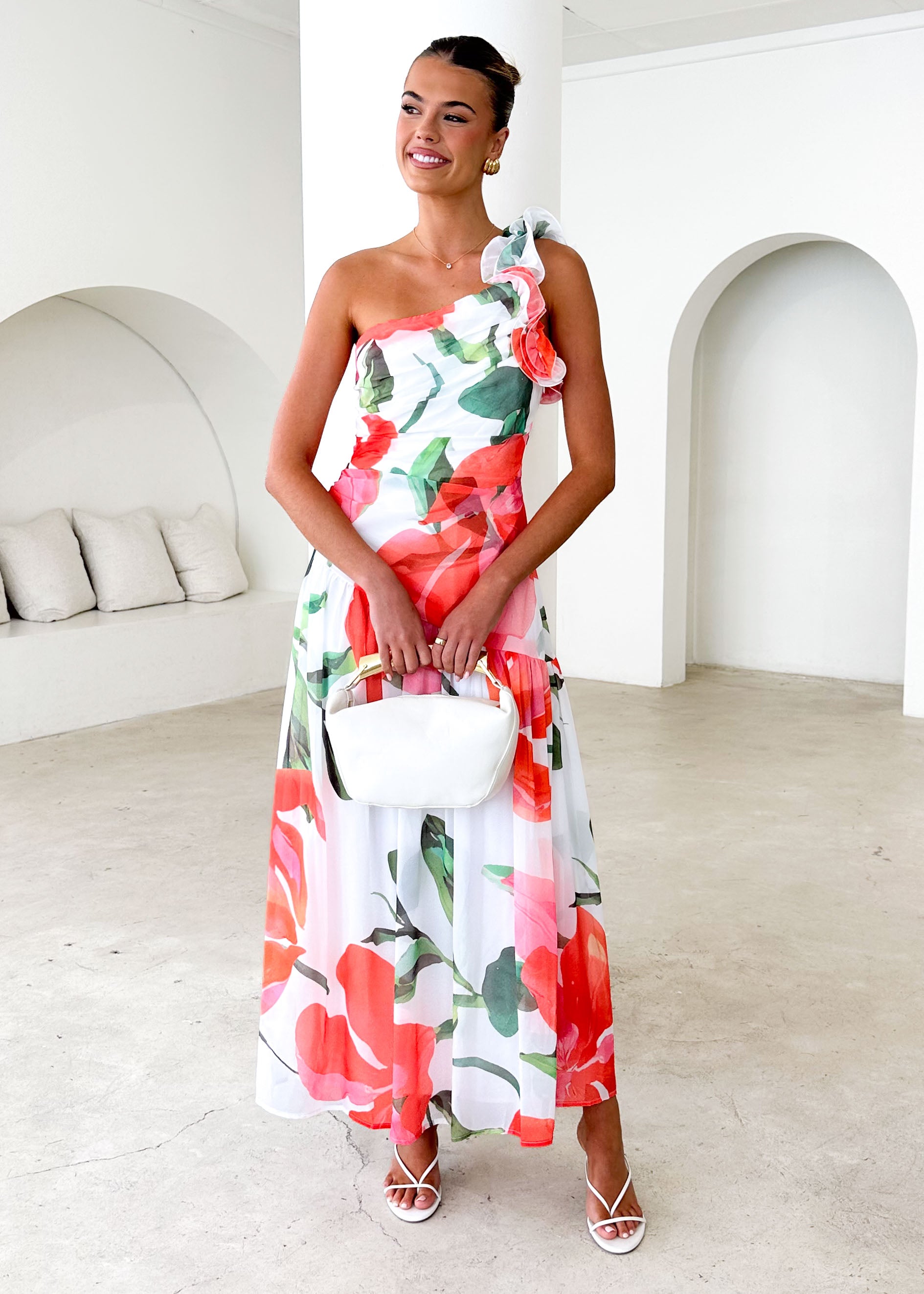 Lentara One Shoulder Maxi Dress - Red Flowers