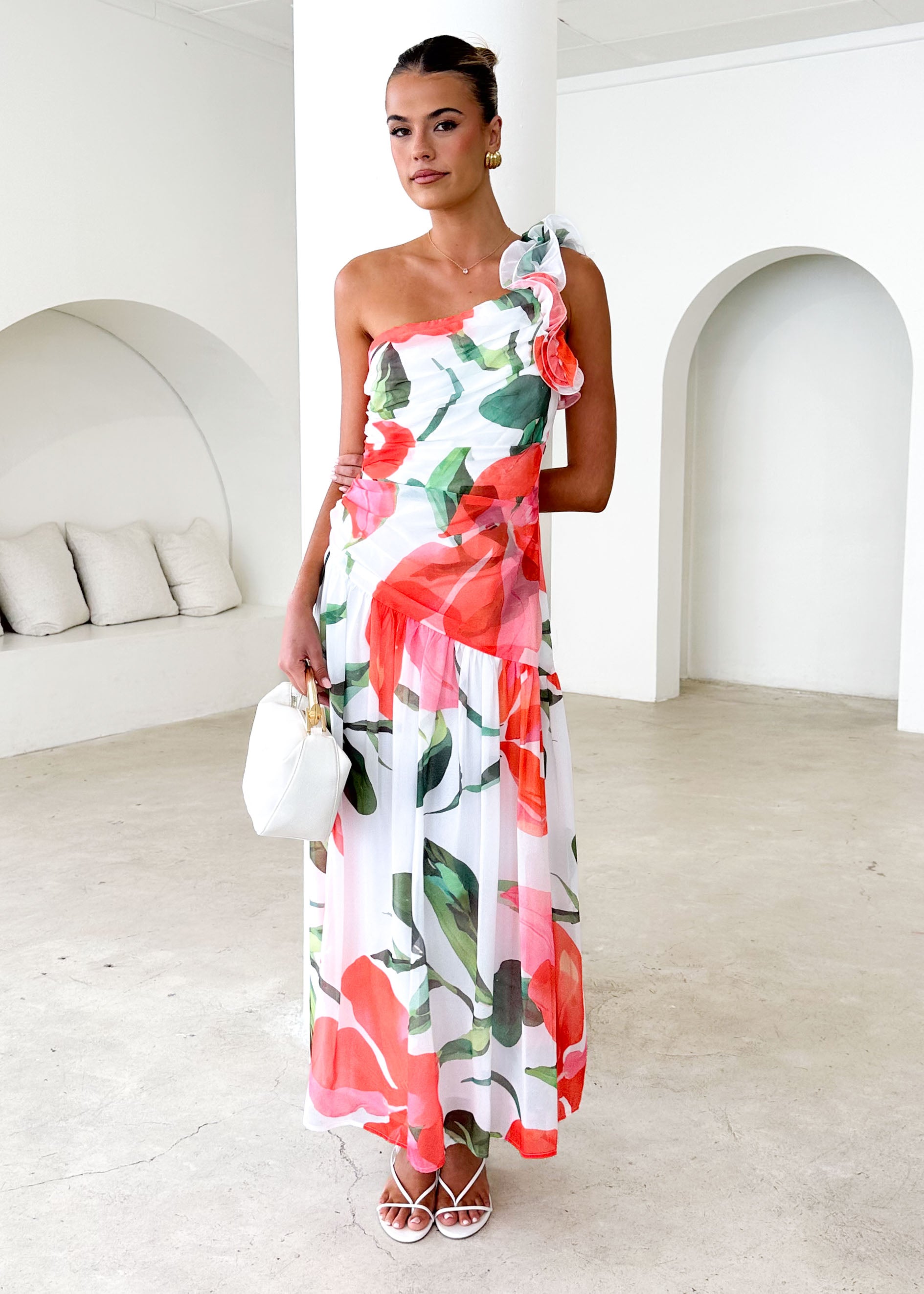 Lentara One Shoulder Maxi Dress - Red Flowers