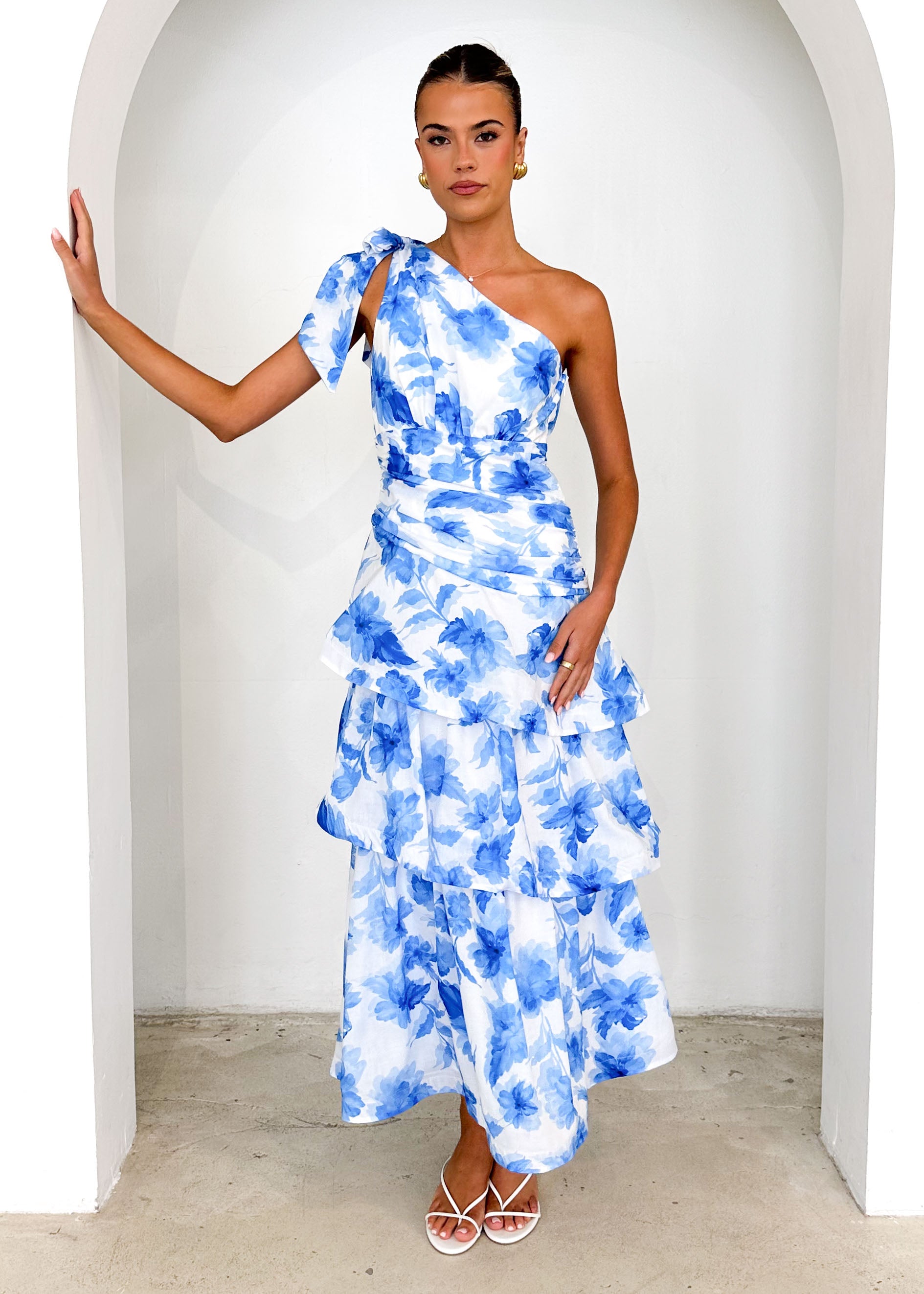 Anrielle One Shoulder Maxi Dress - Blue Flowers