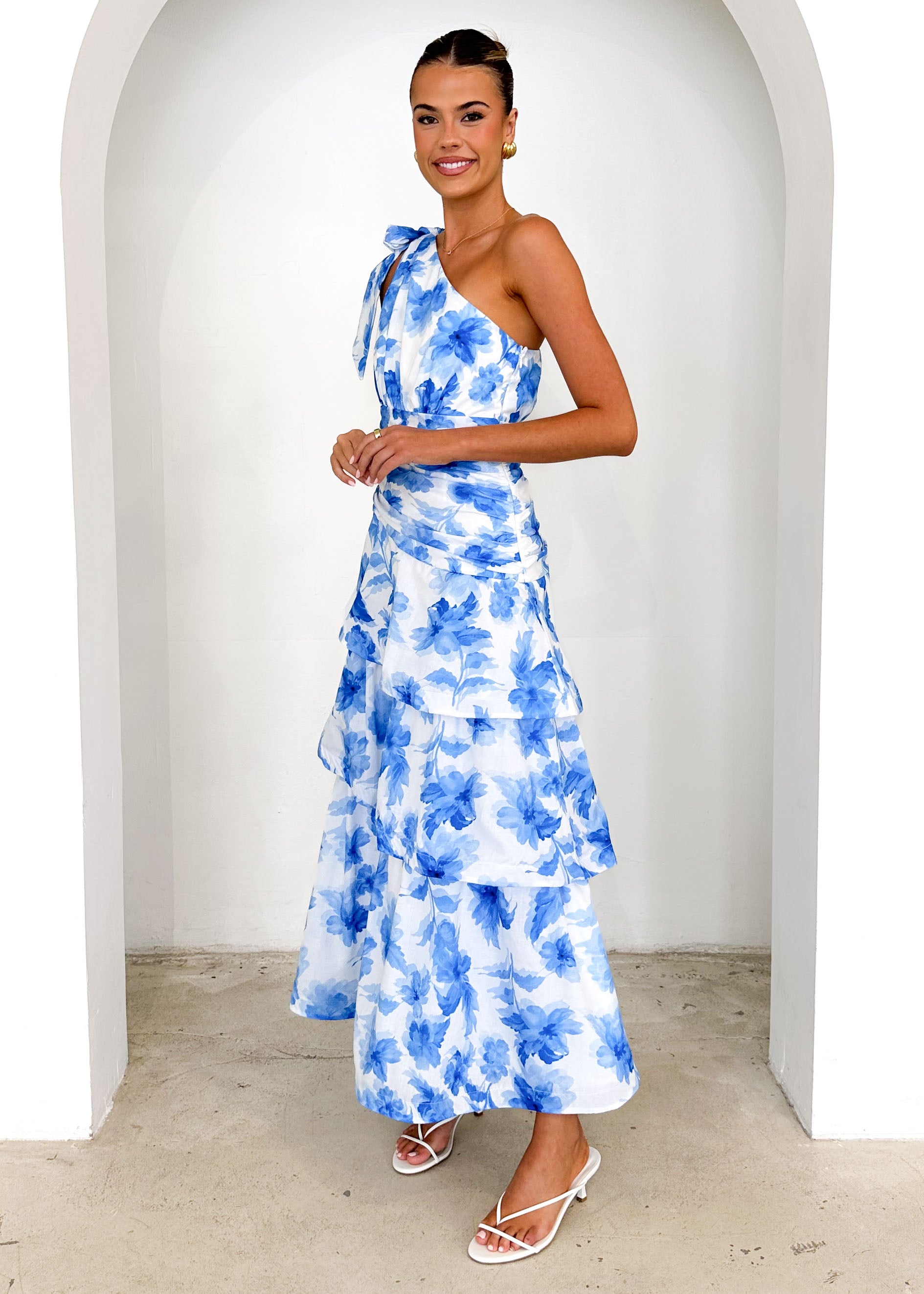 Anrielle One Shoulder Maxi Dress - Blue Flowers