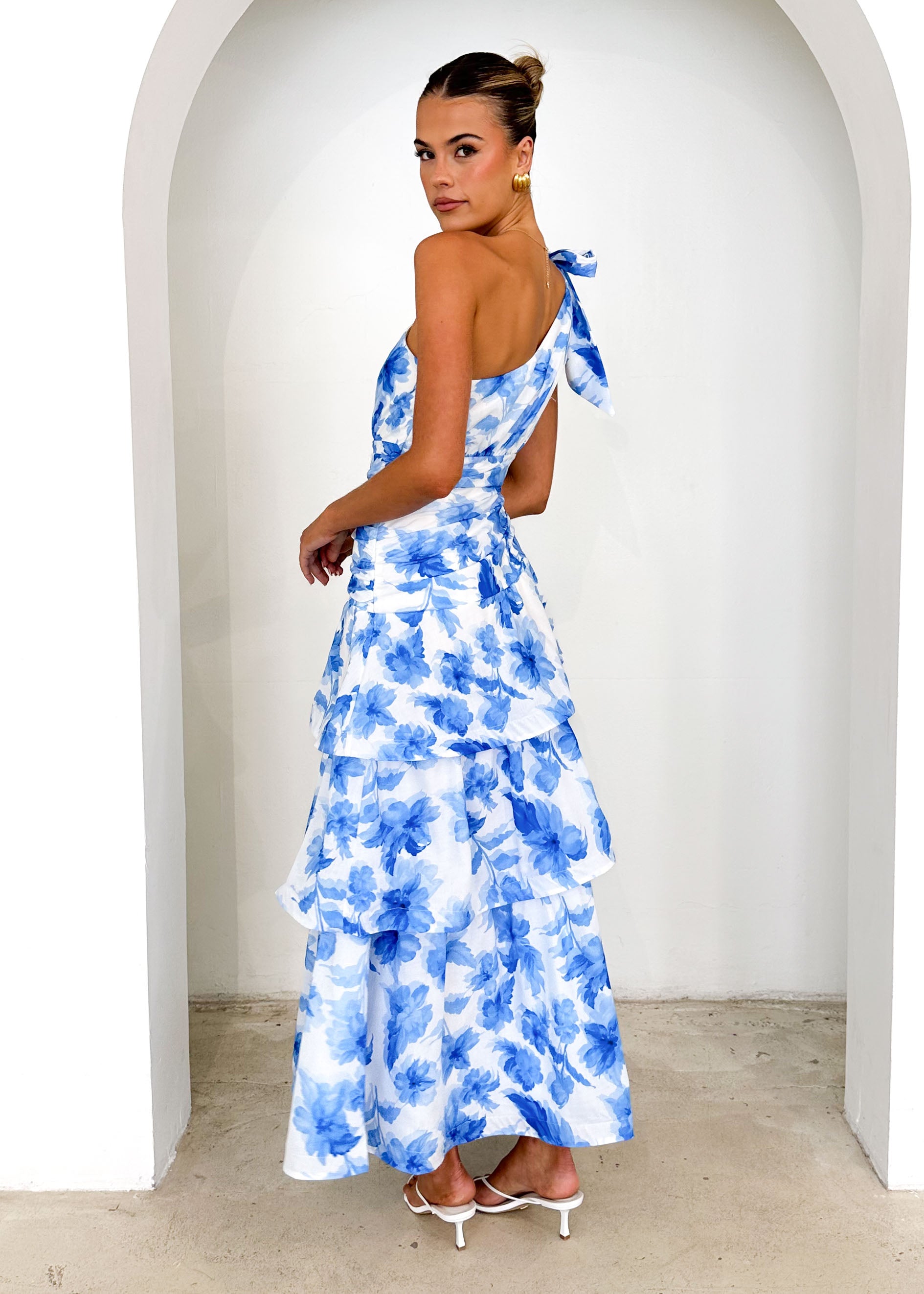 Anrielle One Shoulder Maxi Dress - Blue Flowers