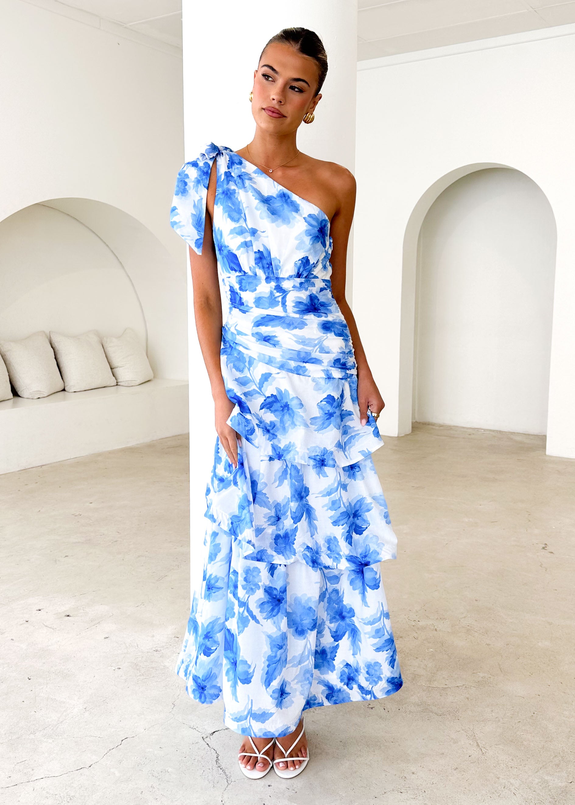 Anrielle One Shoulder Maxi Dress - Blue Flowers