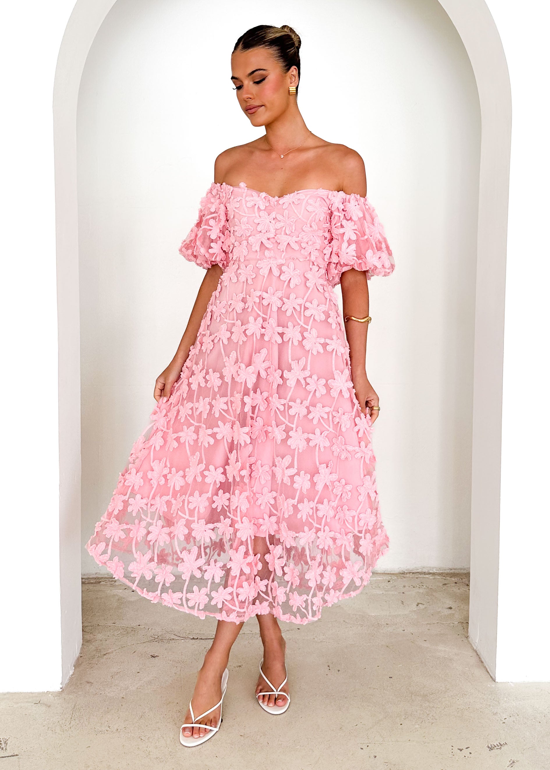 Maliah Off Shoulder Midi Dress - Pink Lace