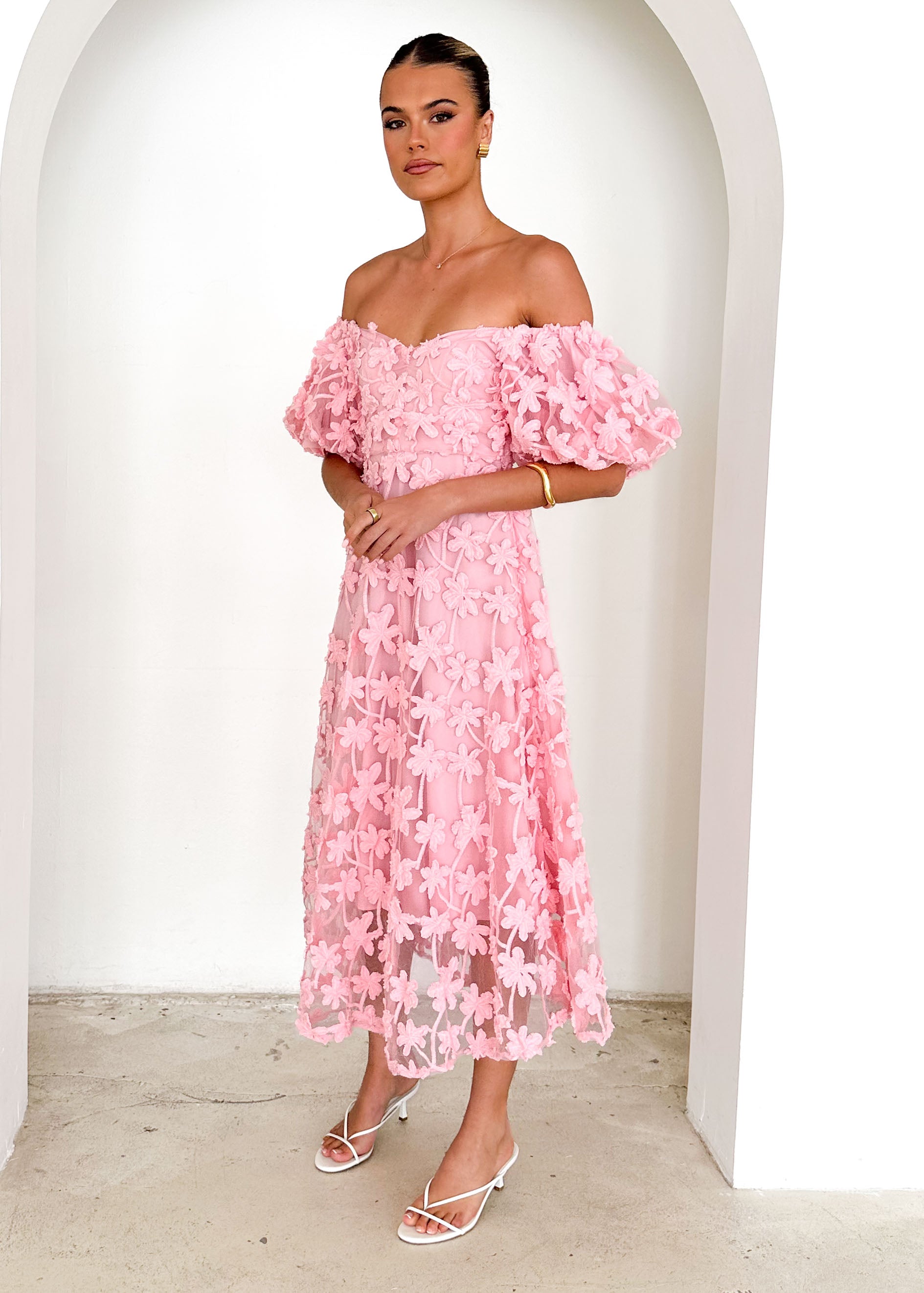 Maliah Off Shoulder Midi Dress - Pink Lace