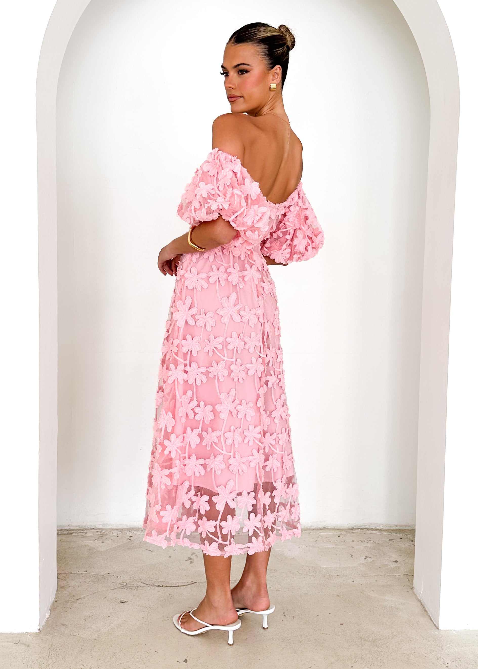 Maliah Off Shoulder Midi Dress - Pink Lace