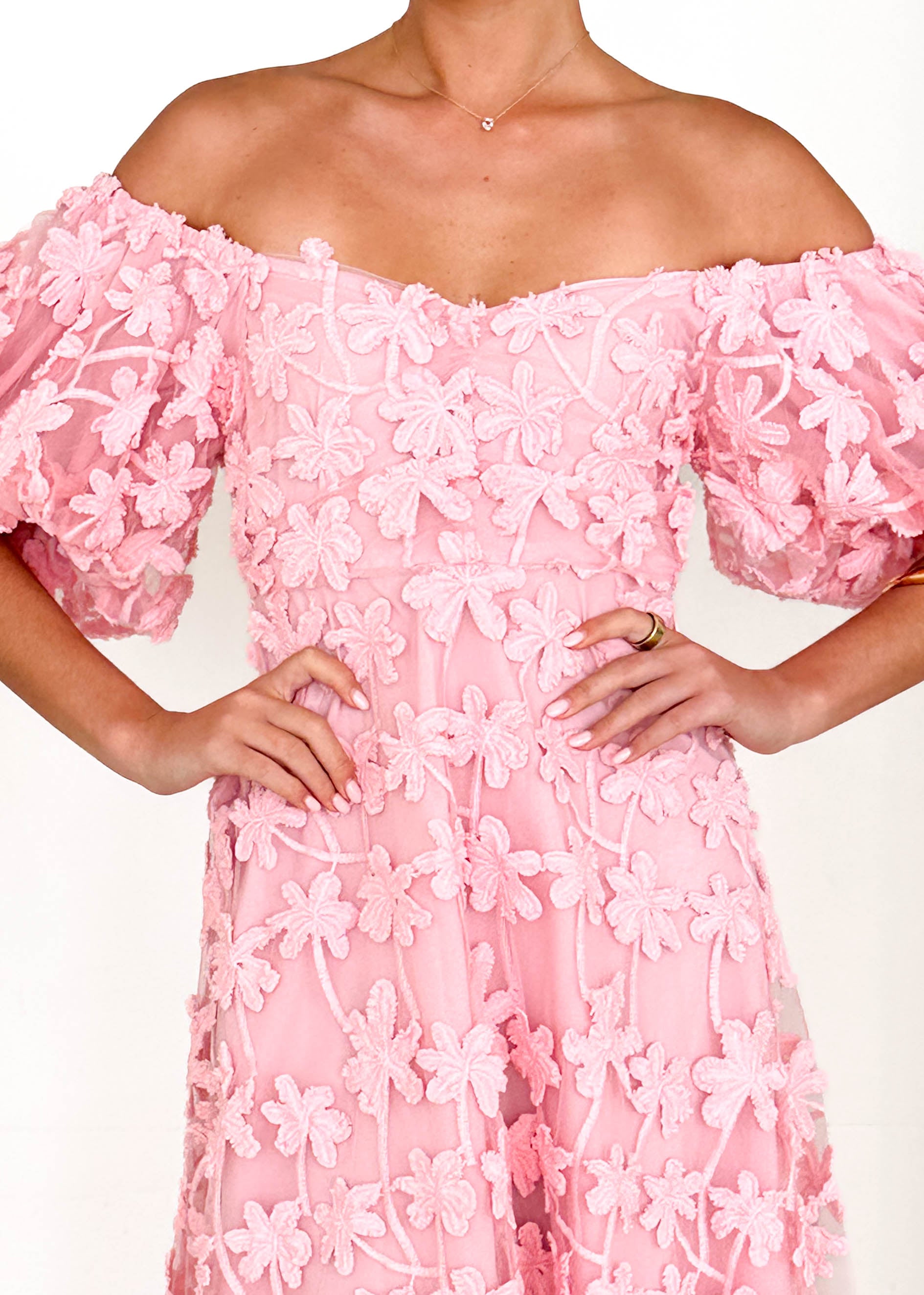 Maliah Off Shoulder Midi Dress - Pink Lace