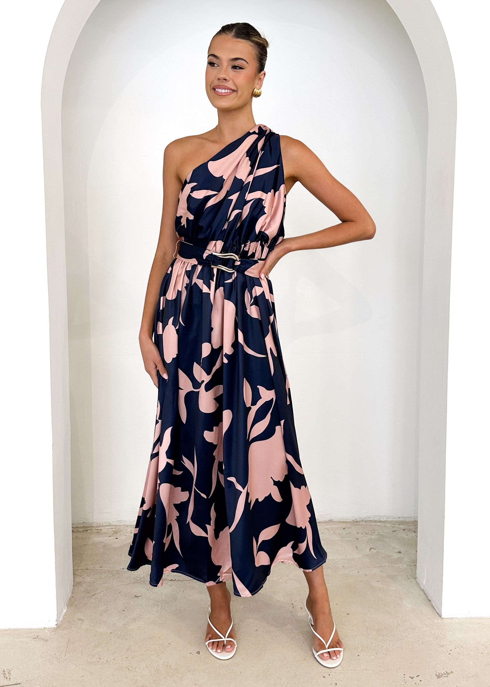 Korah One Shoulder Midi Dress - Midnight Leaf