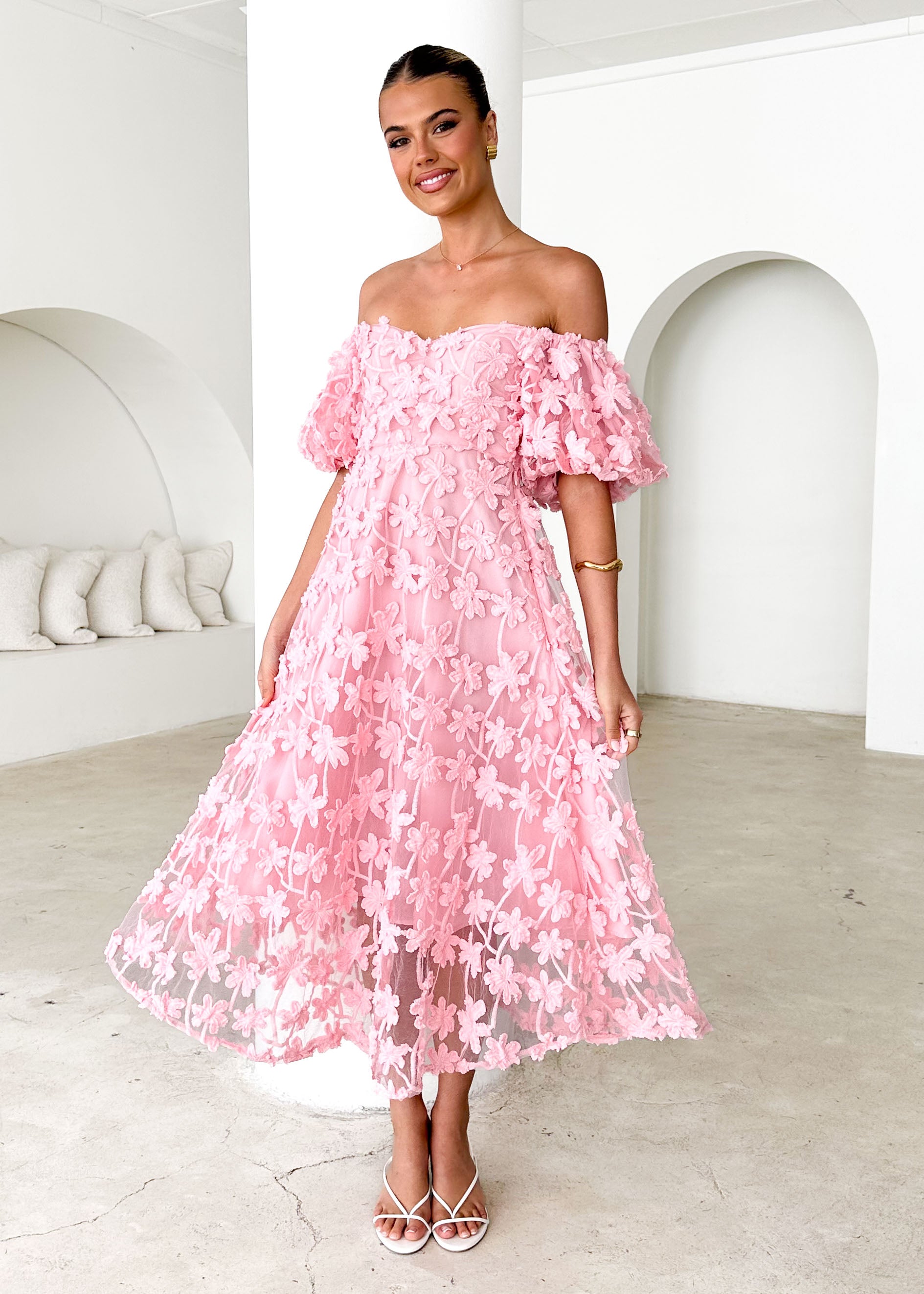 Maliah Off Shoulder Midi Dress - Pink Lace