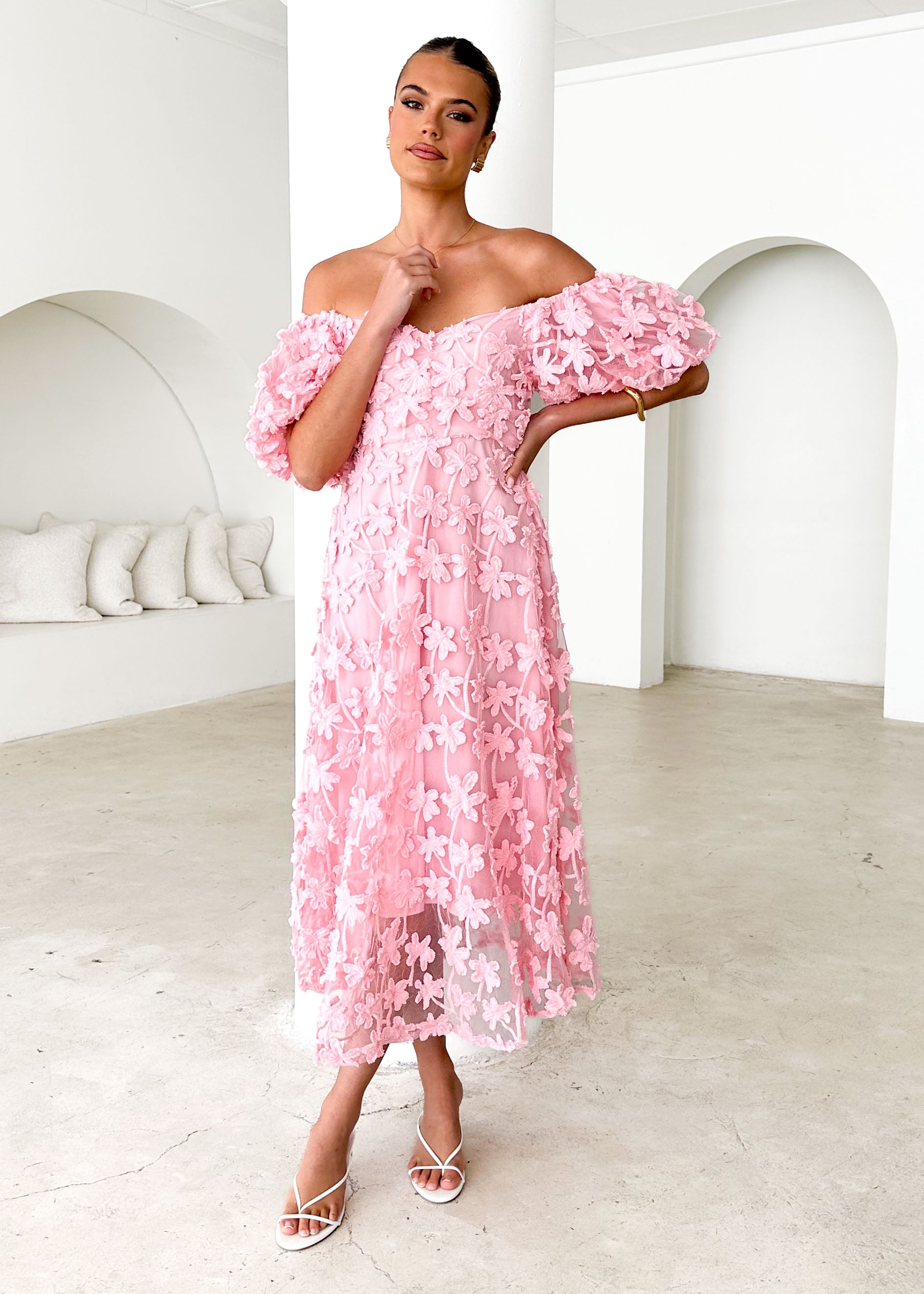 Maliah Off Shoulder Midi Dress - Pink Lace