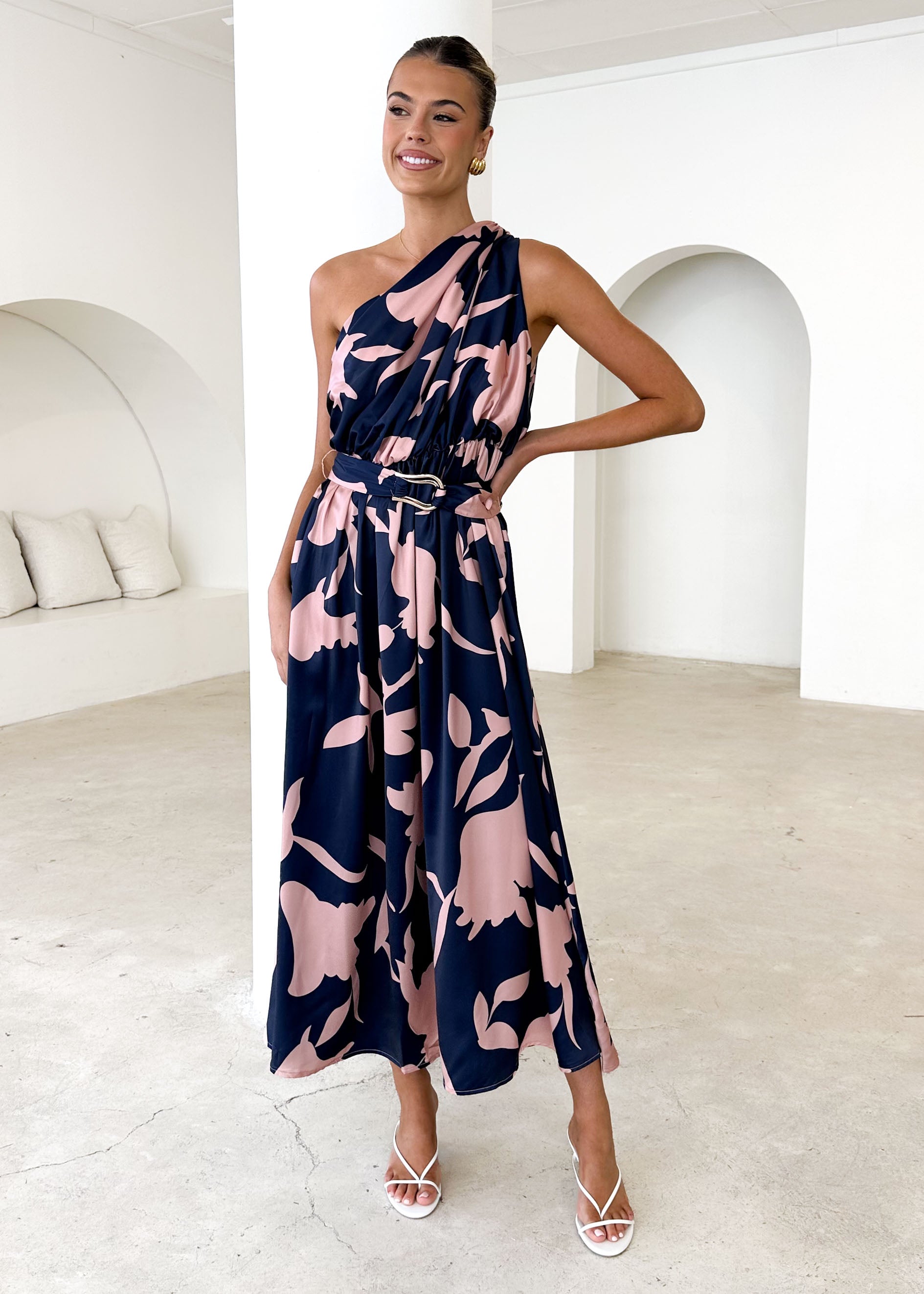 Korah One Shoulder Midi Dress - Midnight Leaf