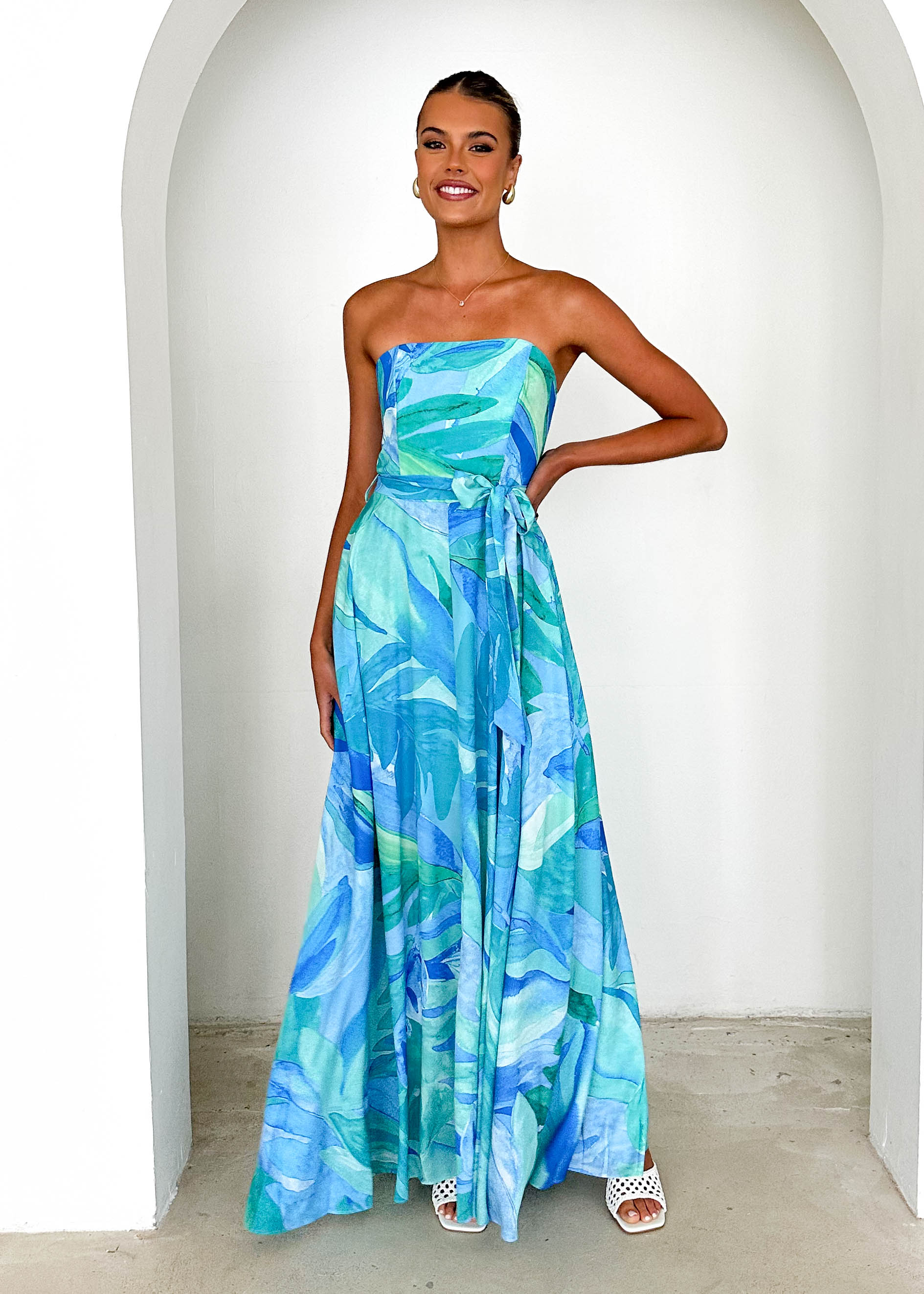 Jorgia Strapless Maxi Dress - Blue Abstract