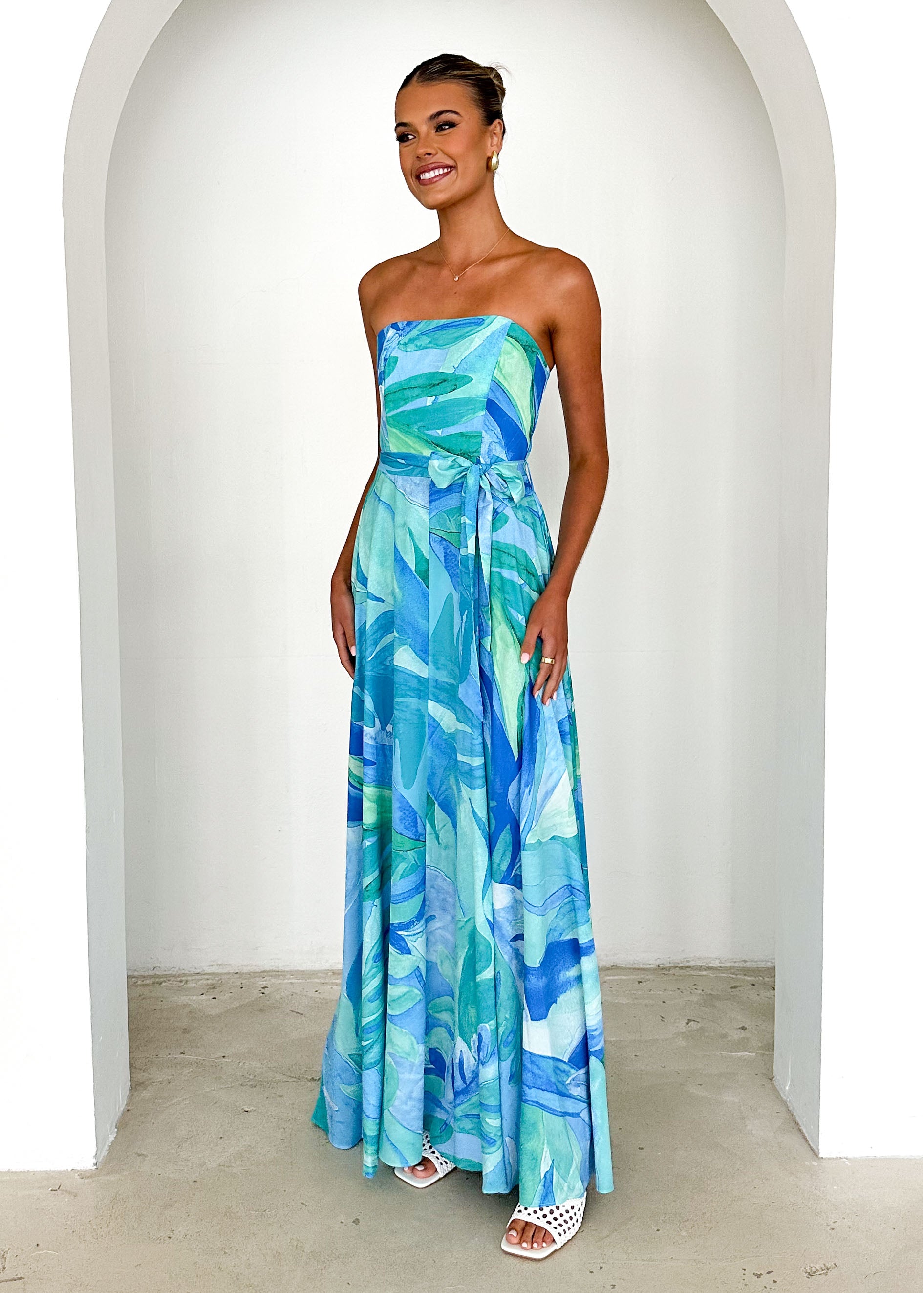 Jorgia Strapless Maxi Dress - Blue Abstract