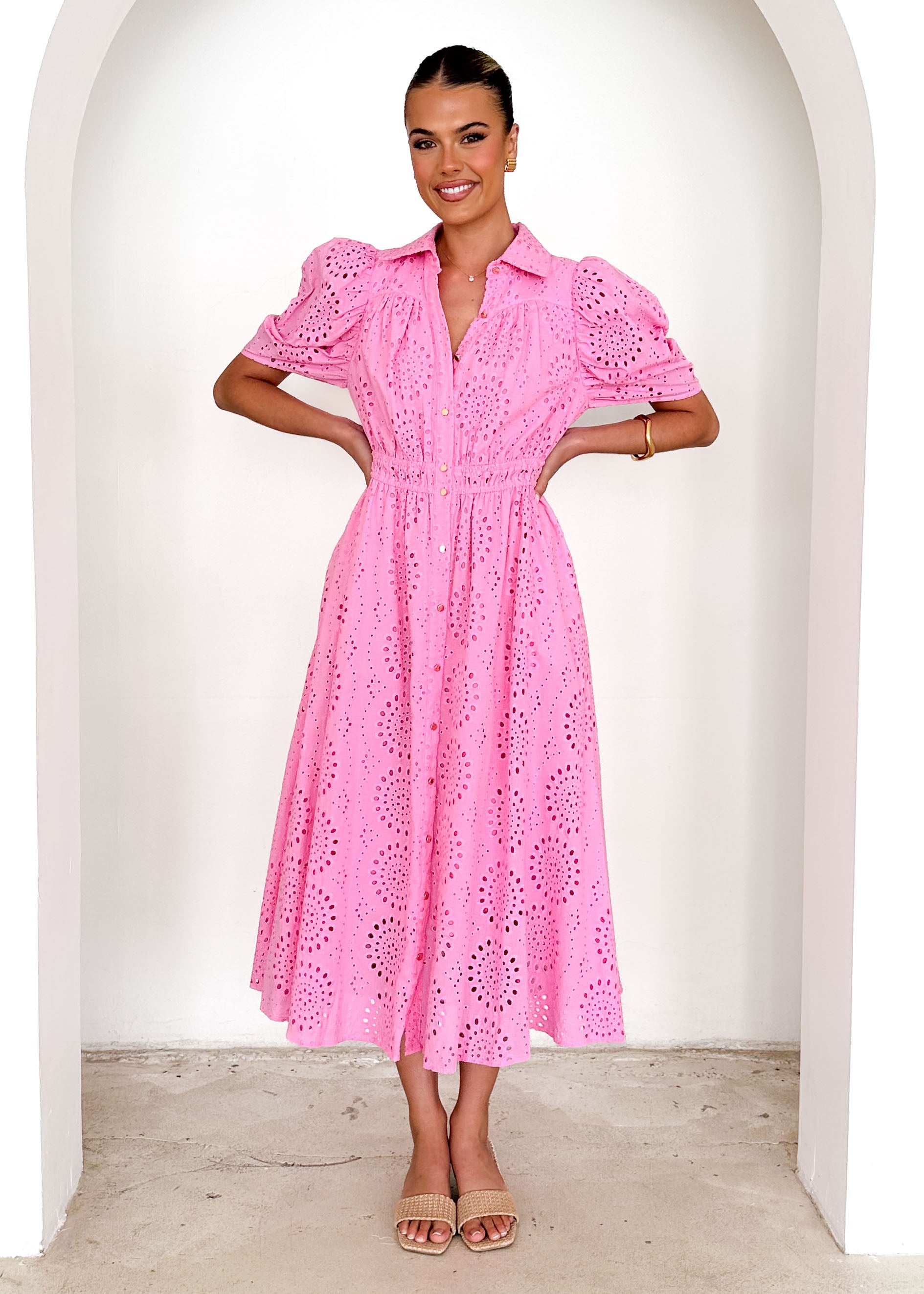 Fiora Midi Dress - Pink Anglaise