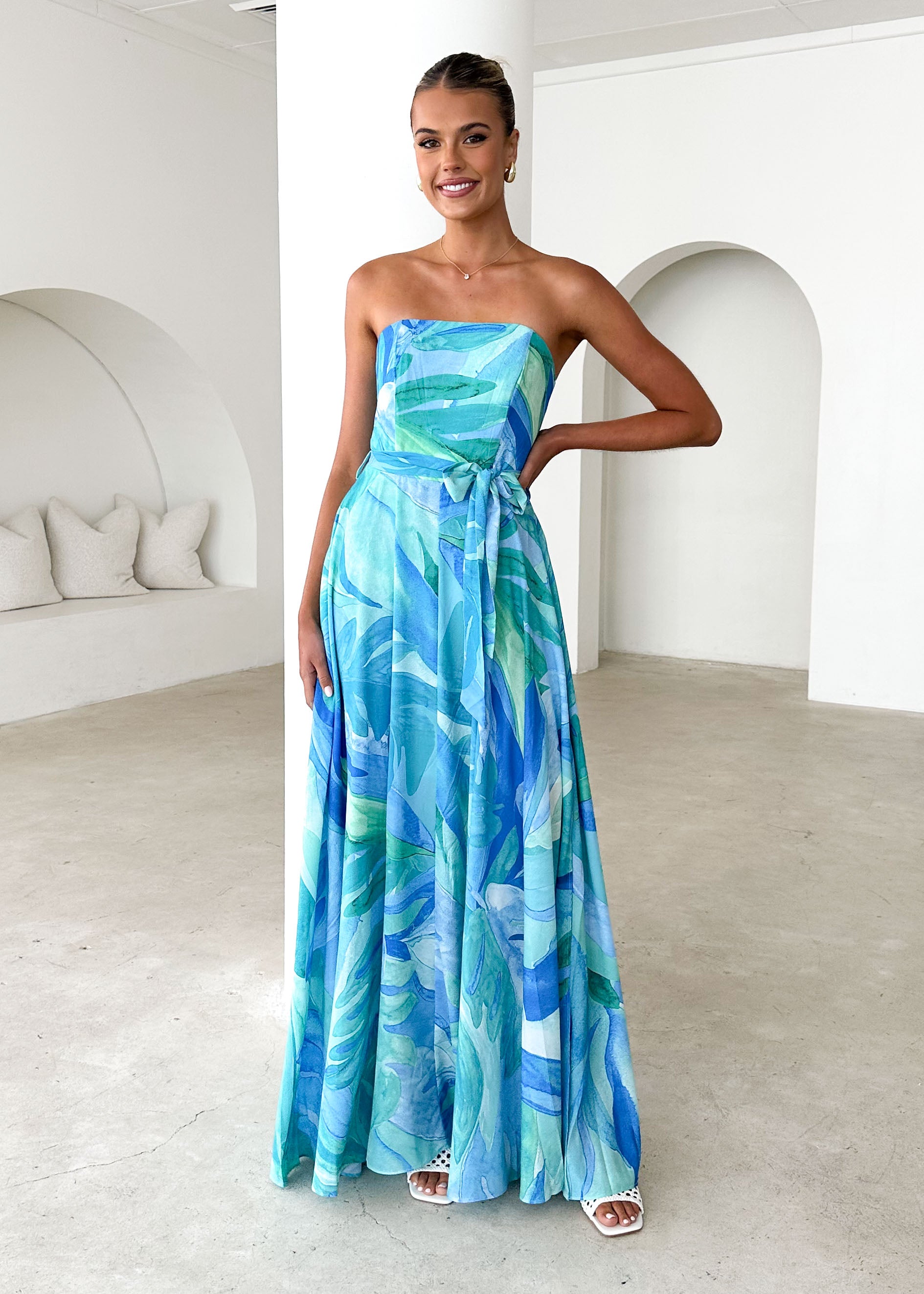 Jorgia Strapless Maxi Dress - Blue Abstract