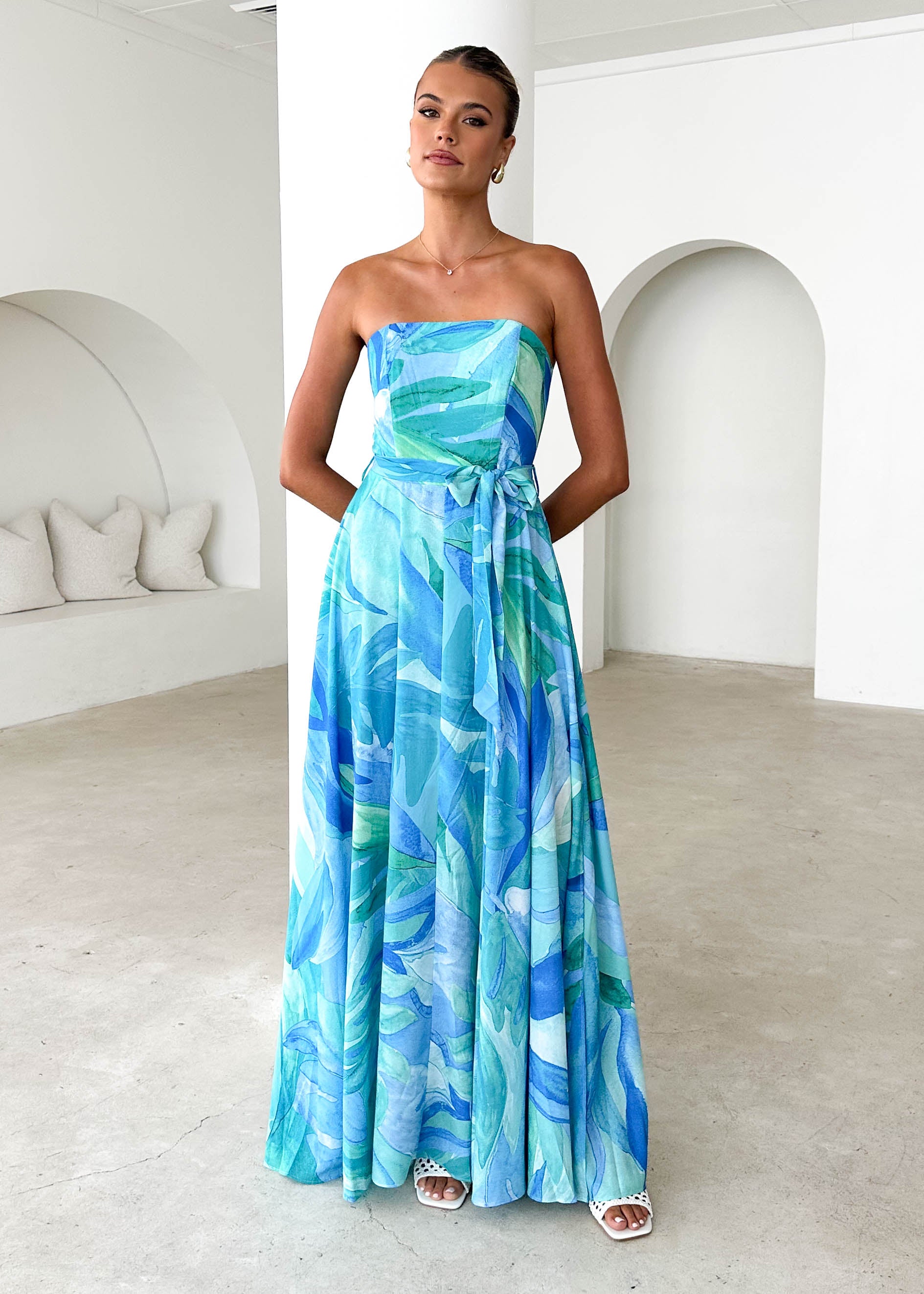 Jorgia Strapless Maxi Dress - Blue Abstract