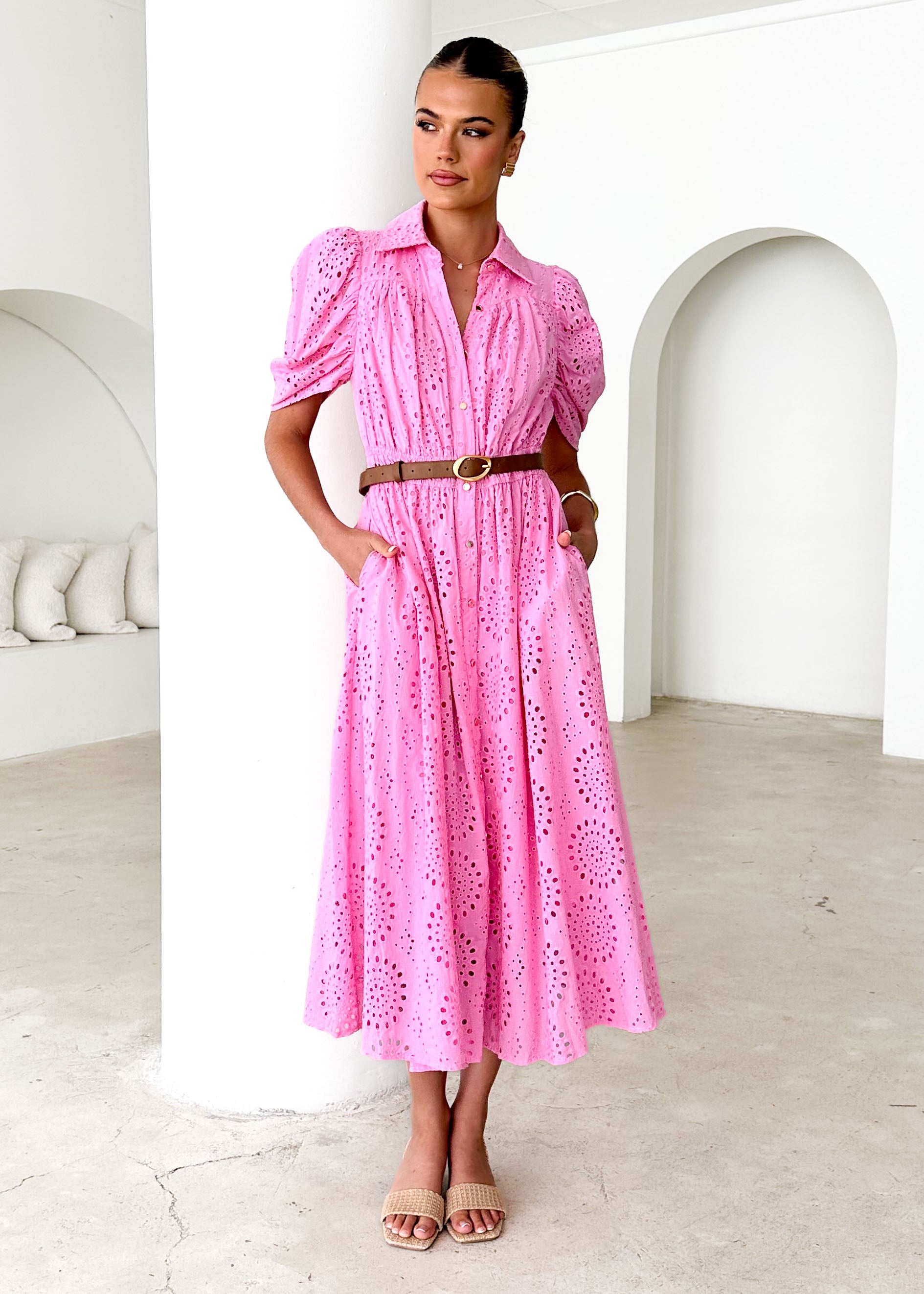 Fiora Midi Dress - Pink Anglaise