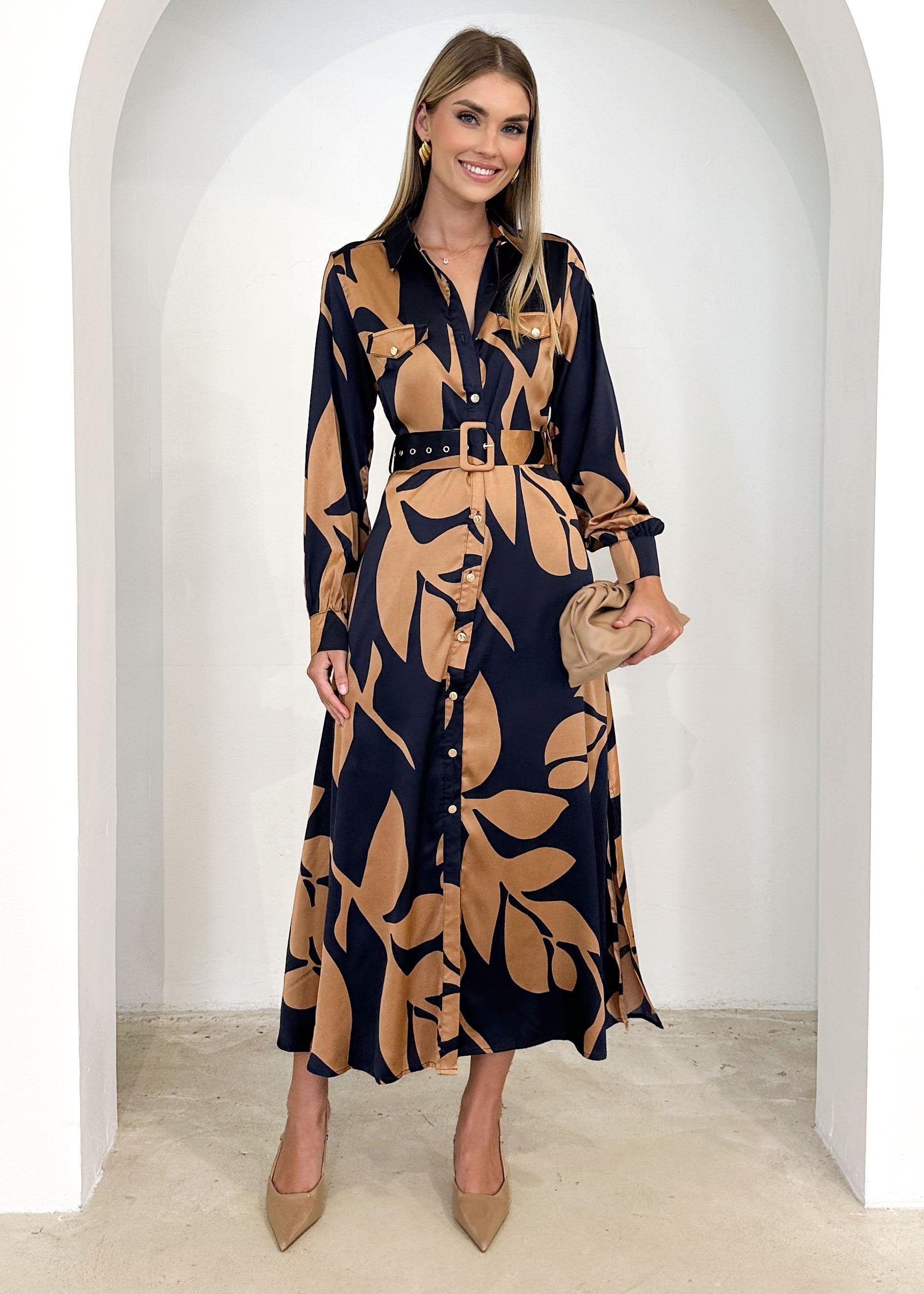 Awler Midi Dress - Bronze Leaf