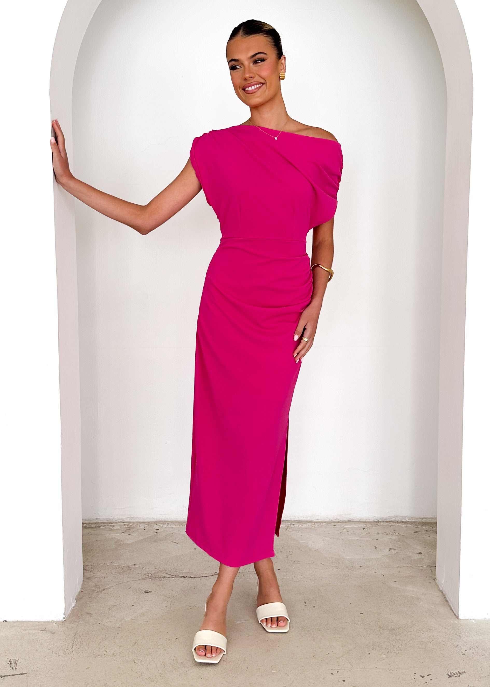 Darcie Off Shoulder Midi Dress - Magenta