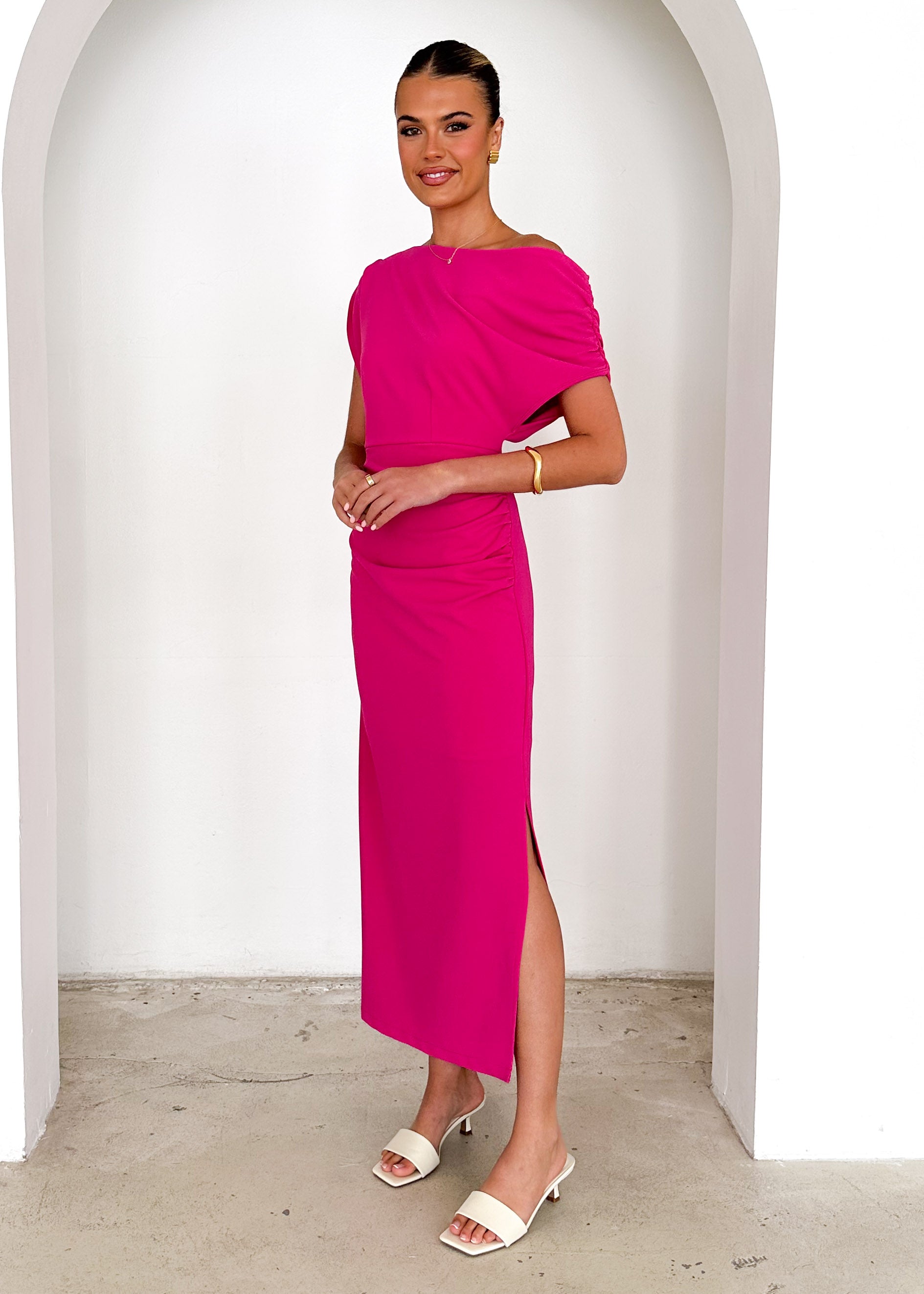 Darcie Off Shoulder Midi Dress - Magenta