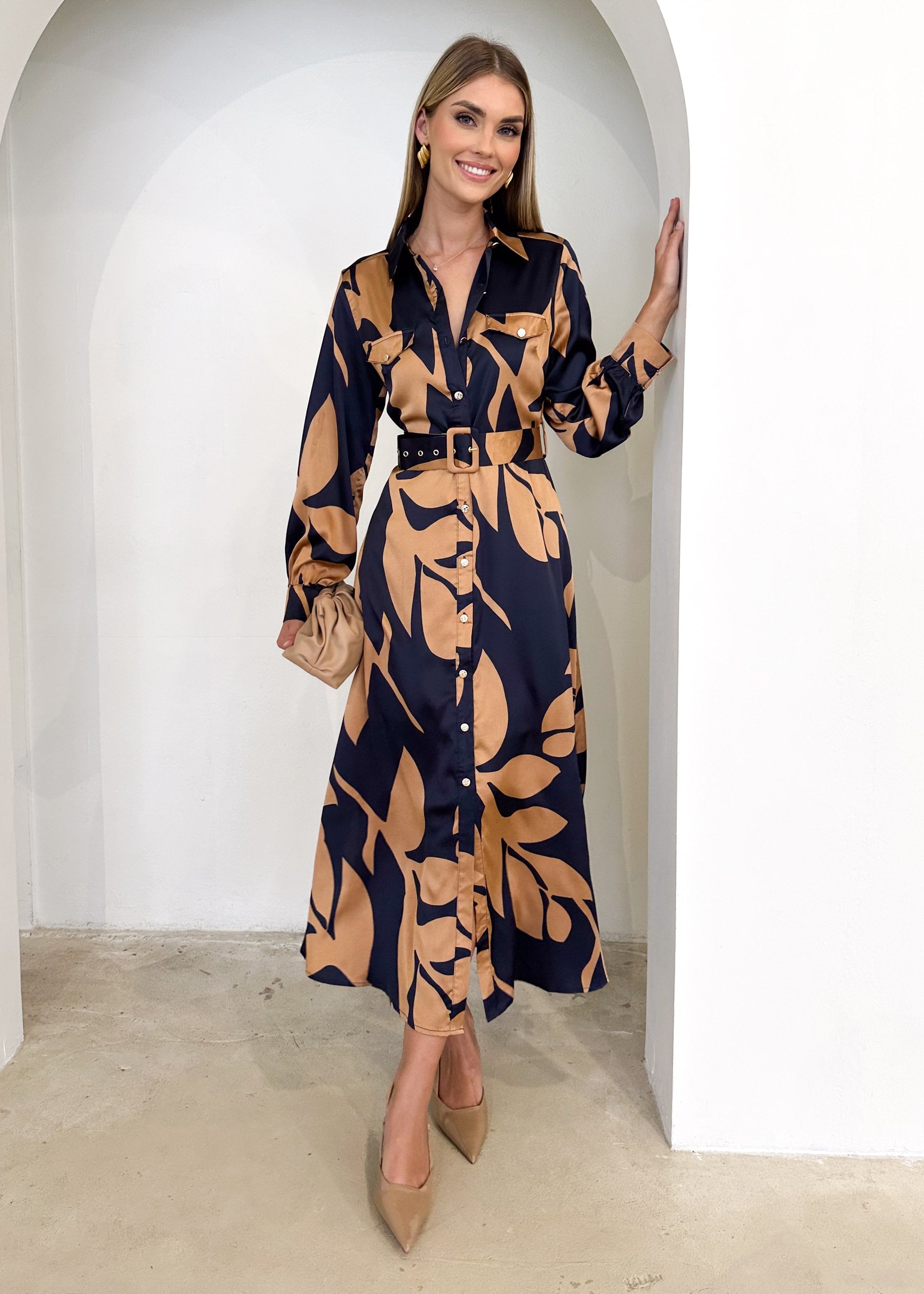 Awler Midi Dress - Bronze Leaf