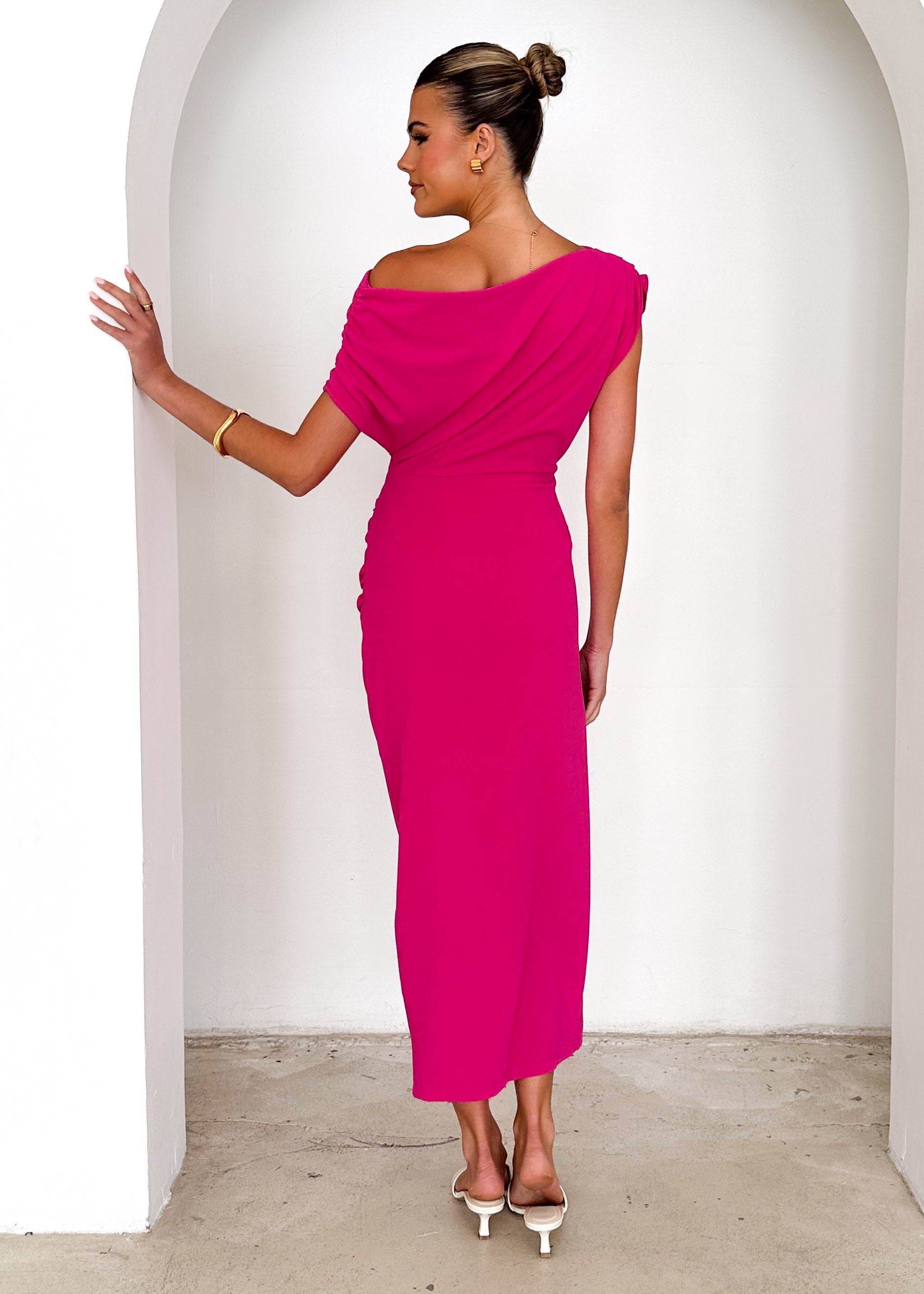 Darcie Off Shoulder Midi Dress - Magenta