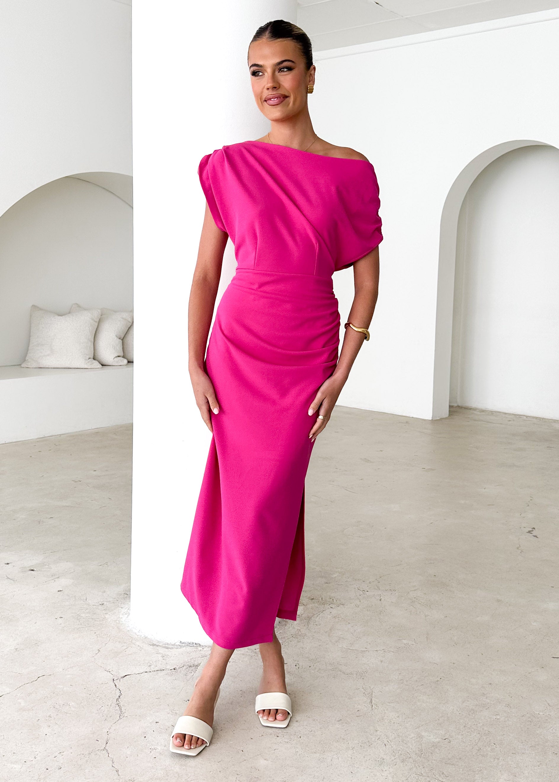 Darcie Off Shoulder Midi Dress - Magenta