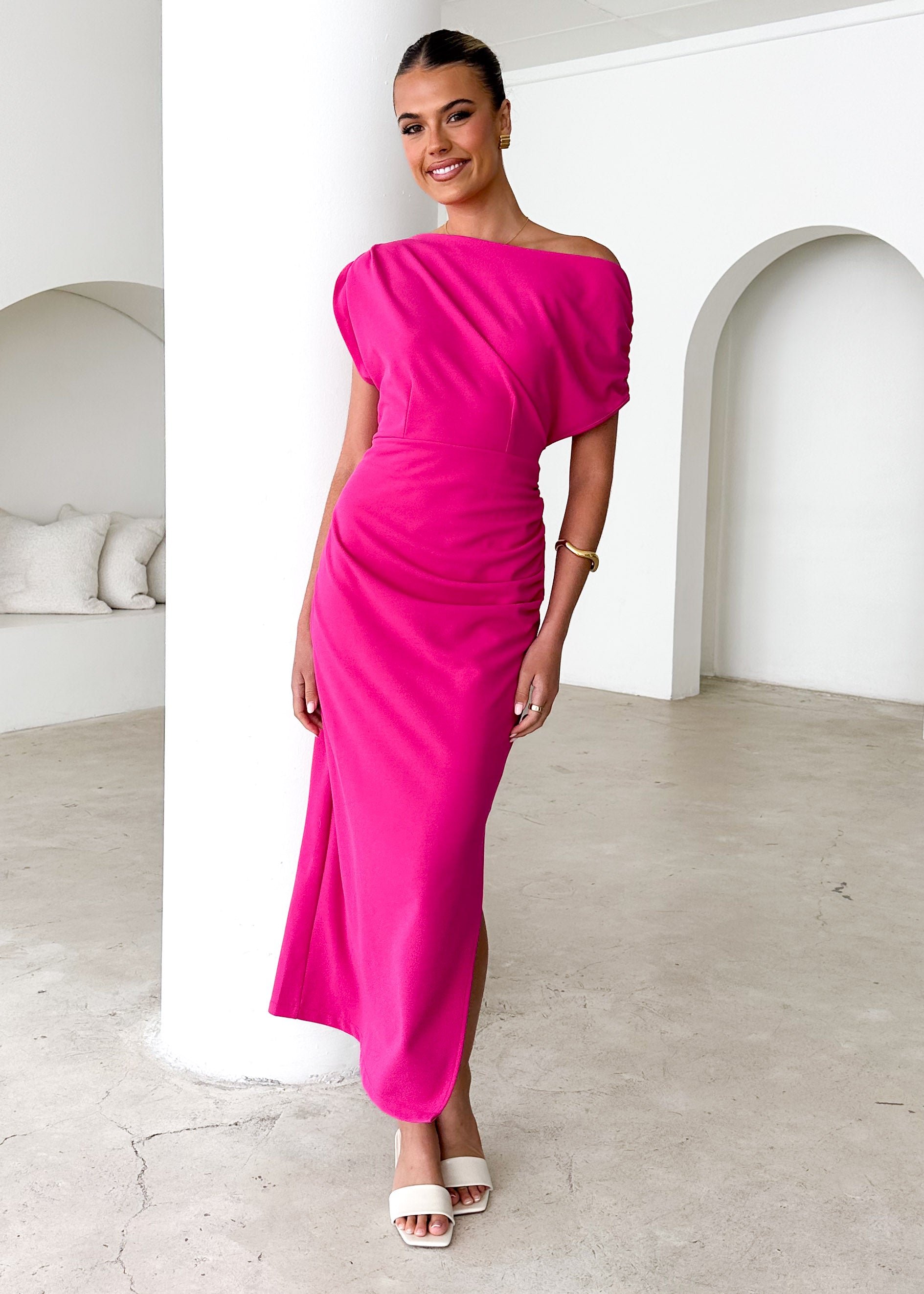 Darcie Off Shoulder Midi Dress - Magenta