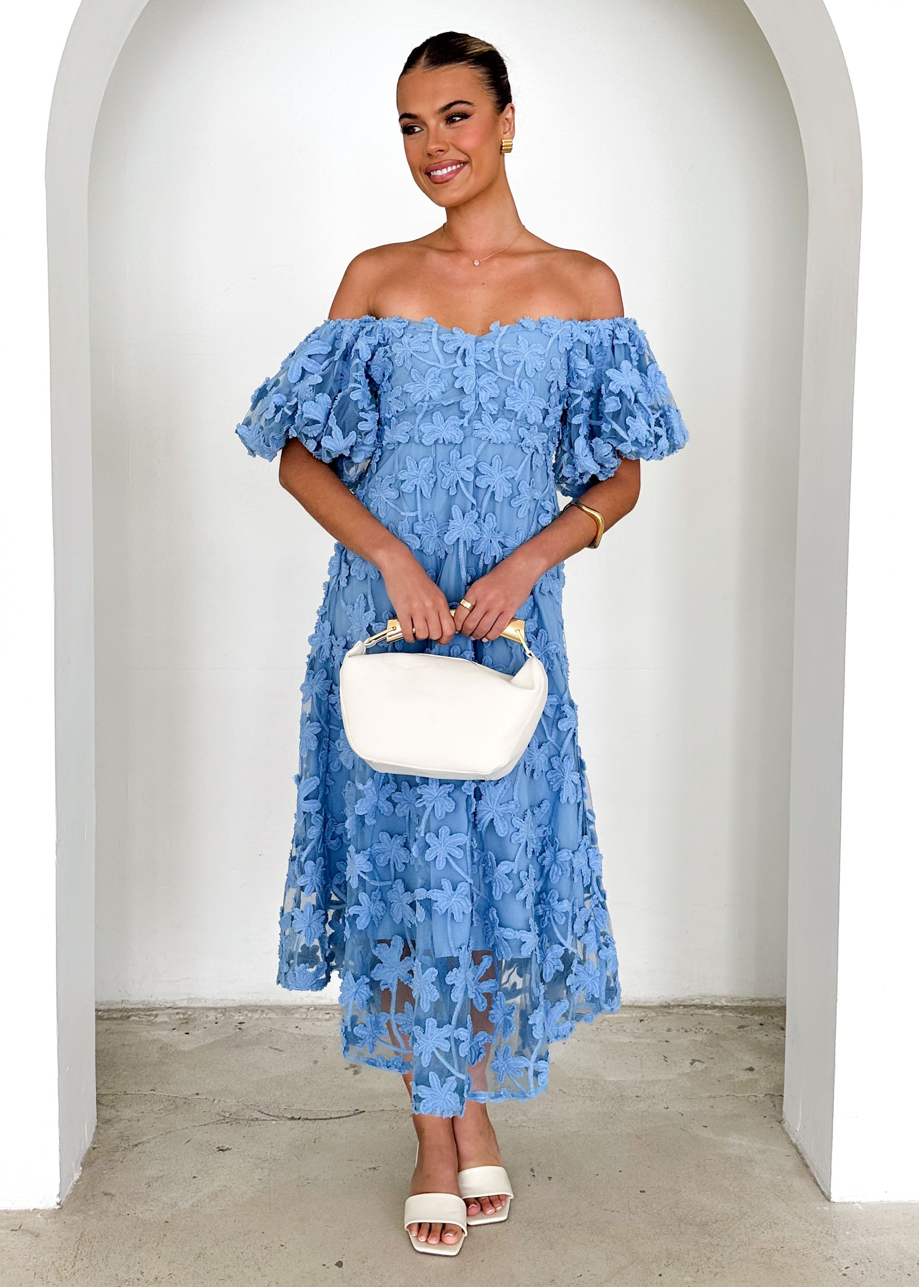 Maliah Off Shoulder Midi Dress - Blue Lace