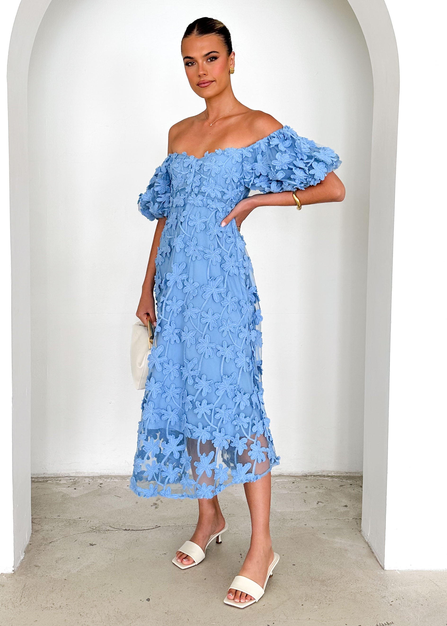 Maliah Off Shoulder Midi Dress - Blue Lace