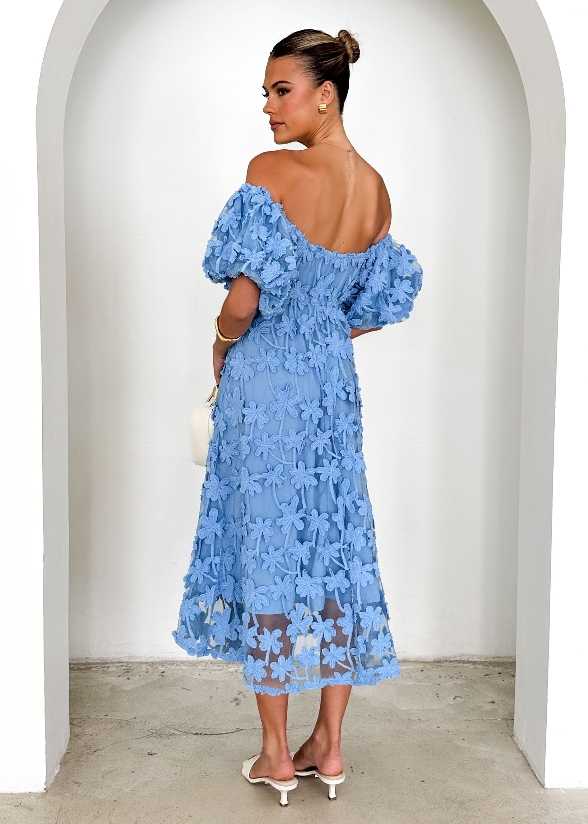 Maliah Off Shoulder Midi Dress - Blue Lace