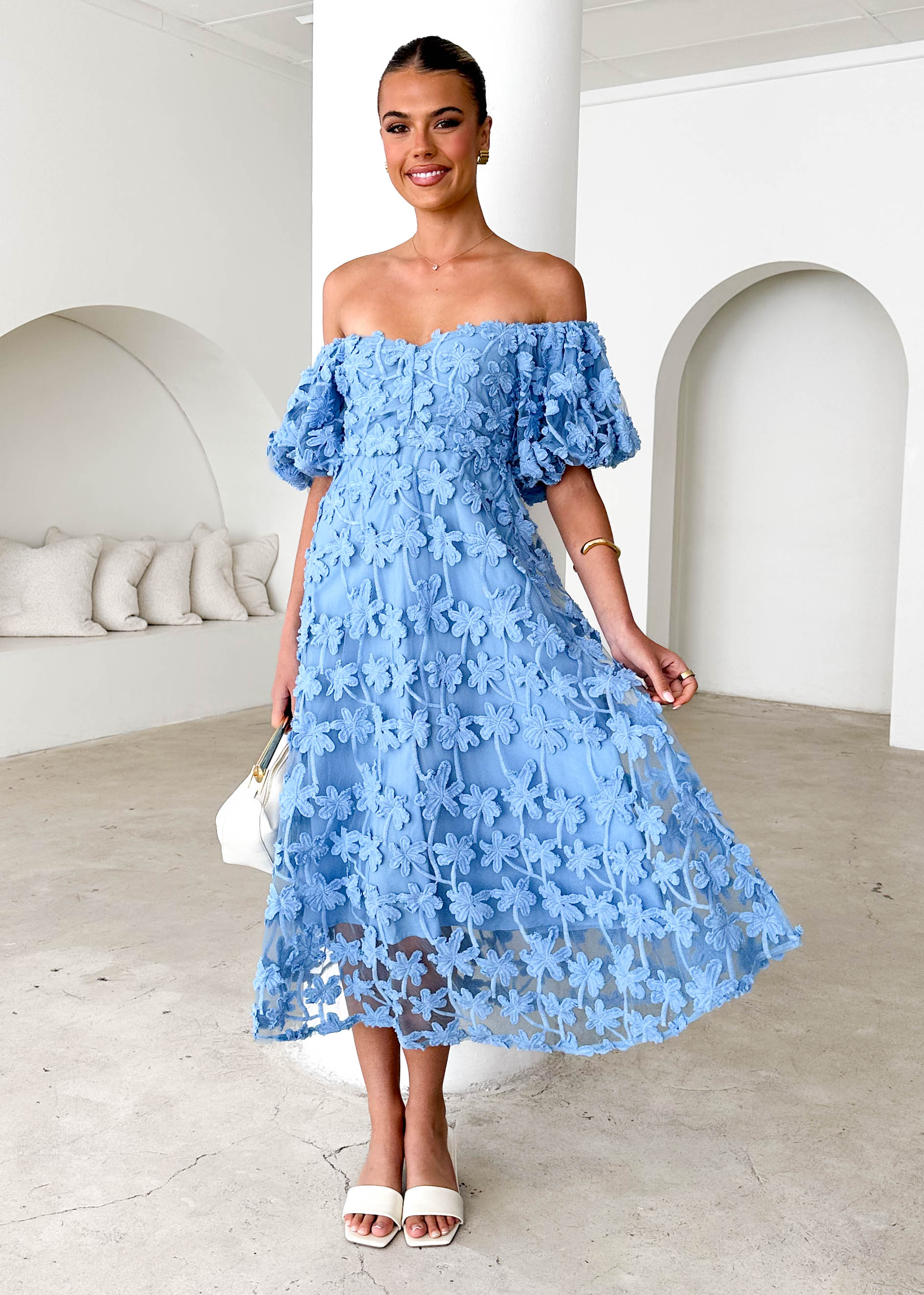 Maliah Off Shoulder Midi Dress - Blue Lace