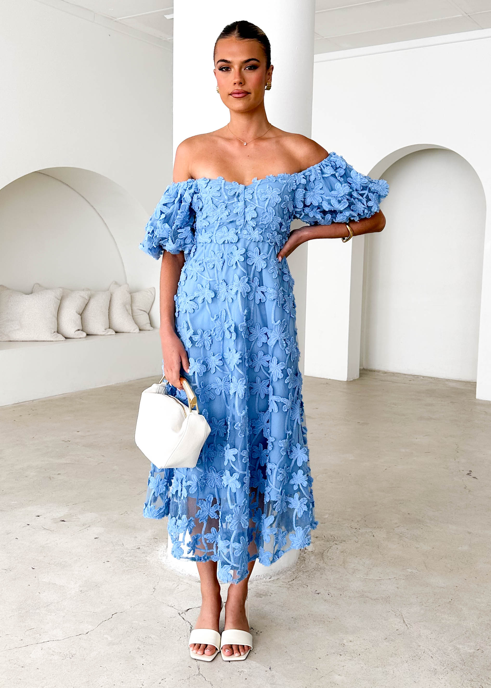 Maliah Off Shoulder Midi Dress - Blue Lace