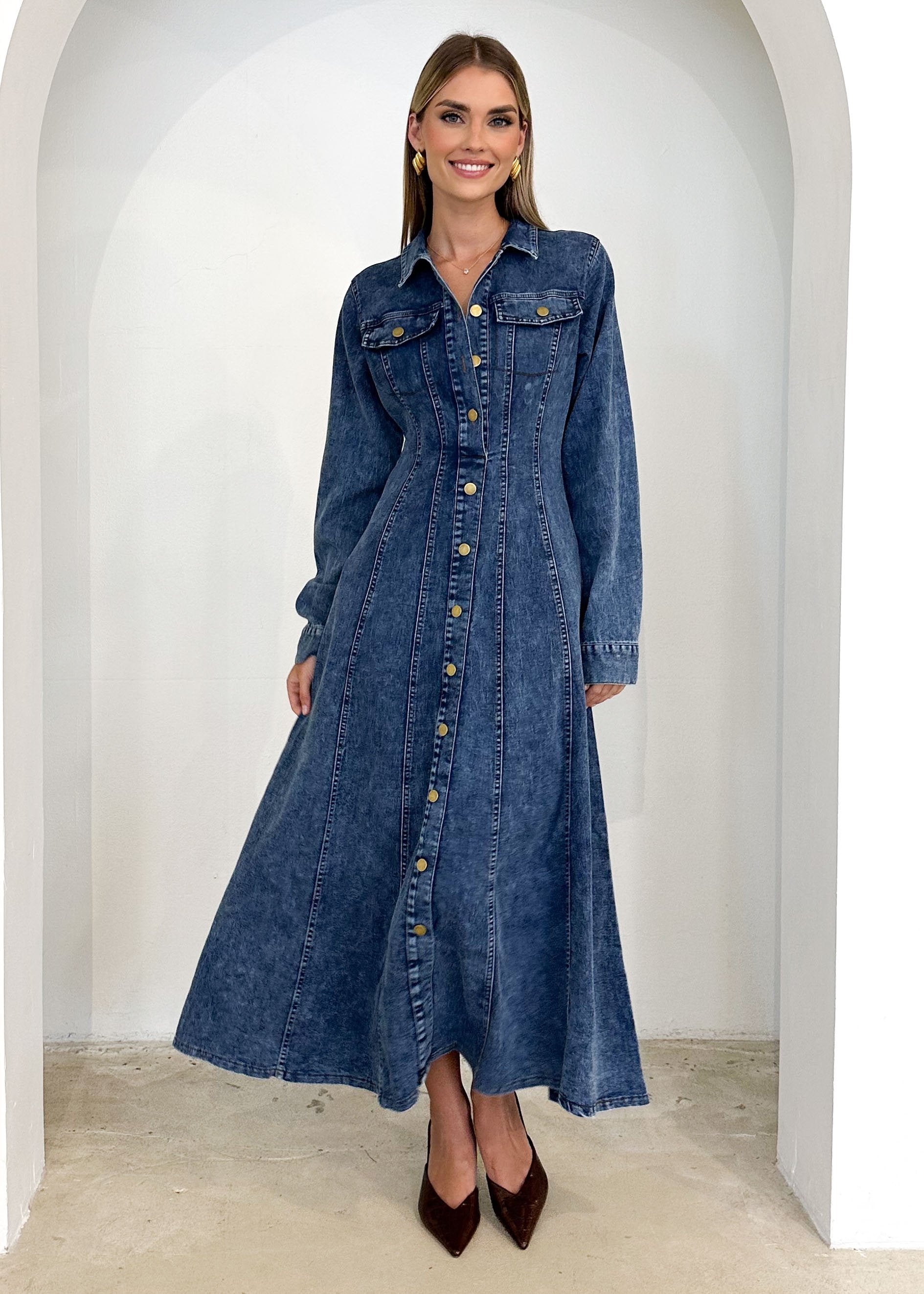 Cantrell Denim Maxi Dress - Mid Blue