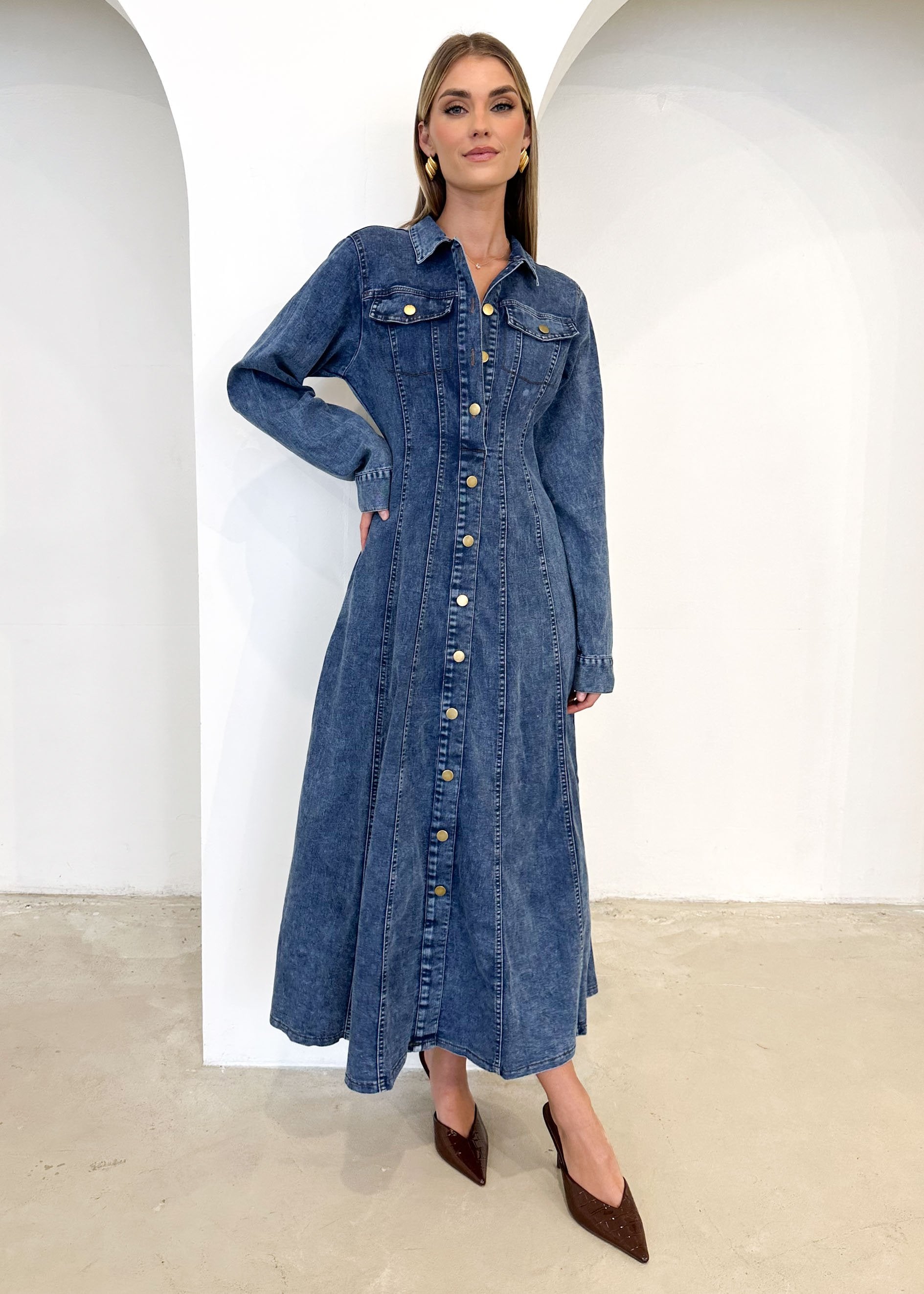 Cantrell Denim Maxi Dress - Mid Blue