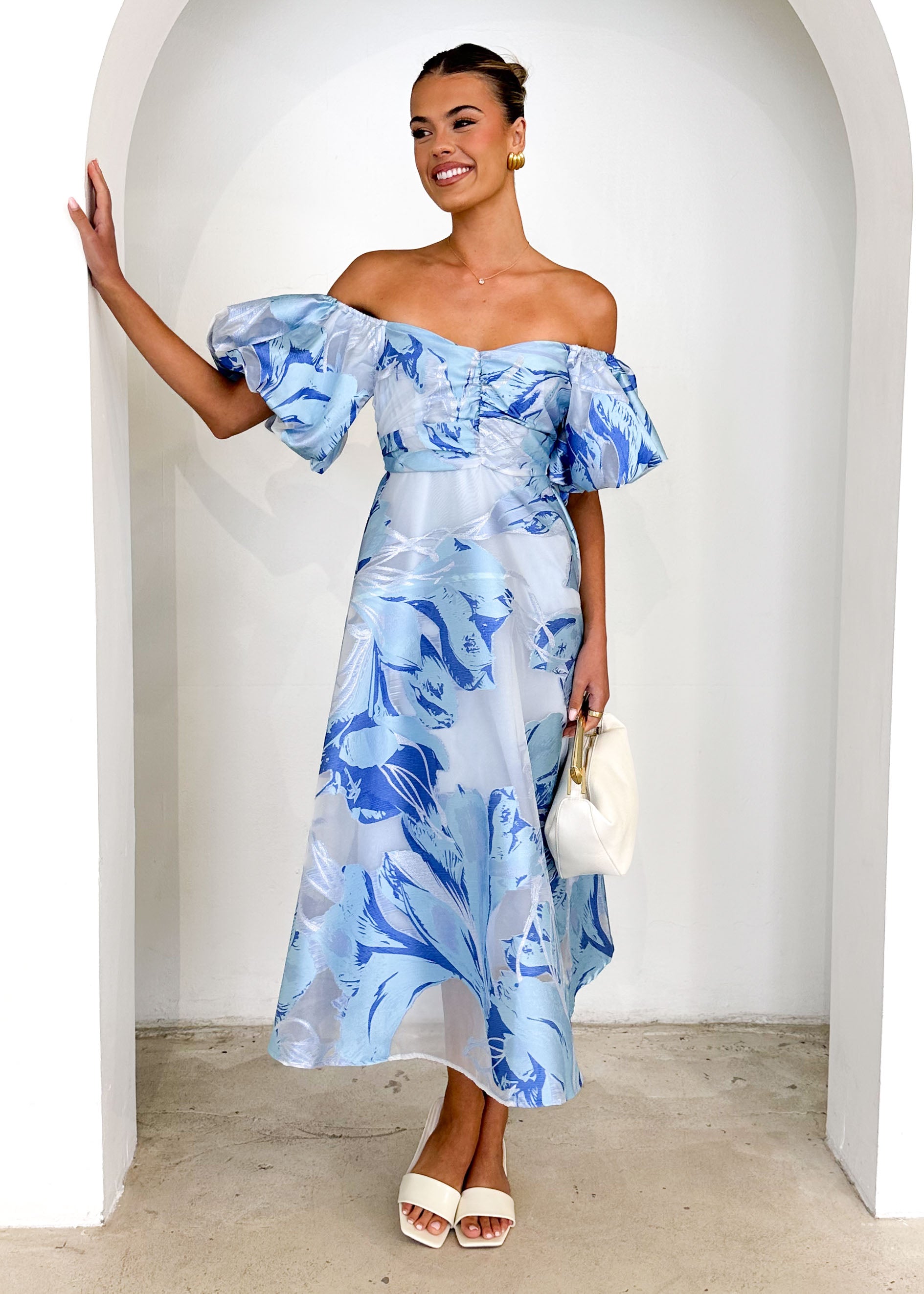 Anaya Off Shoulder Midi Dress - Sky Jacquard