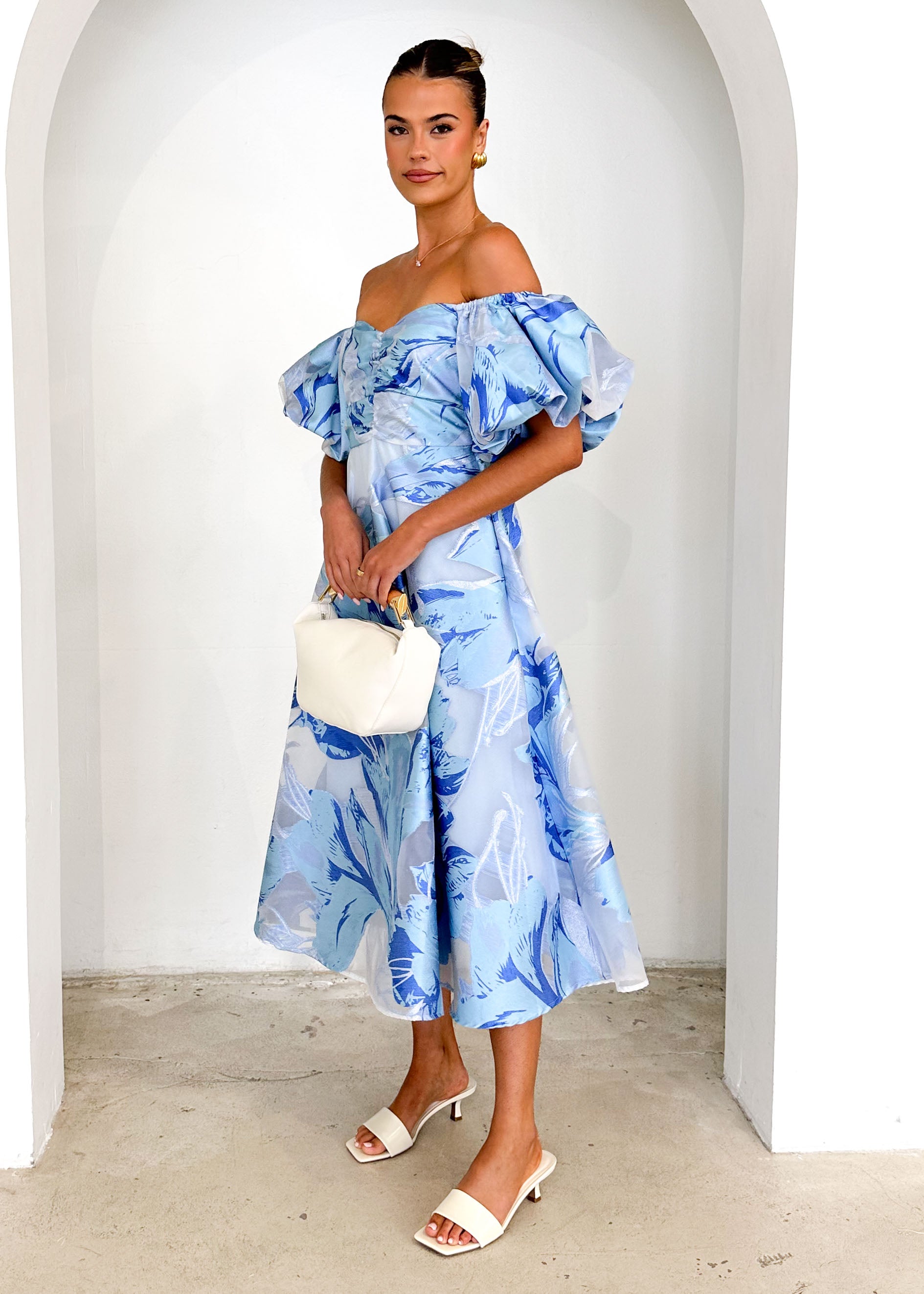 Anaya Off Shoulder Midi Dress - Sky Jacquard