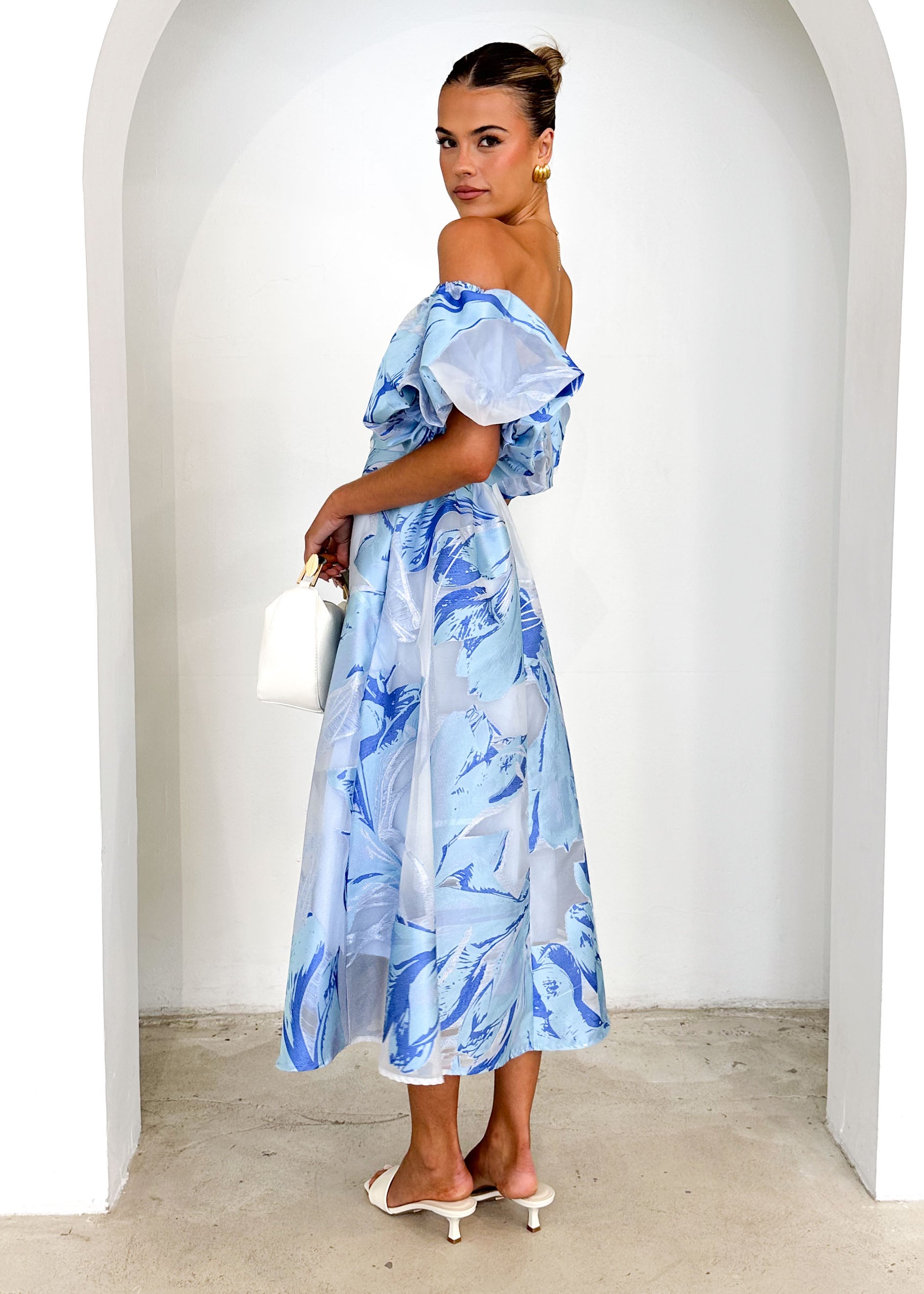 Anaya Off Shoulder Midi Dress - Sky Jacquard