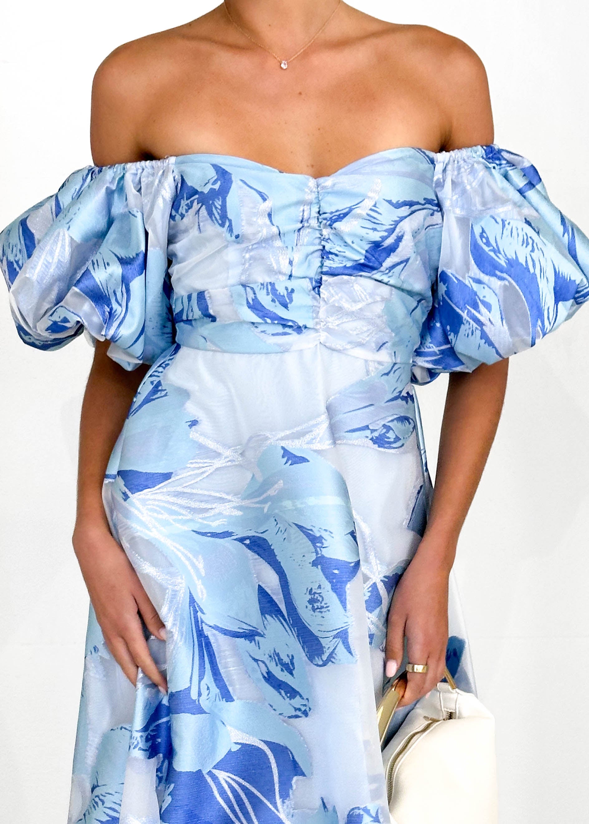 Anaya Off Shoulder Midi Dress - Sky Jacquard