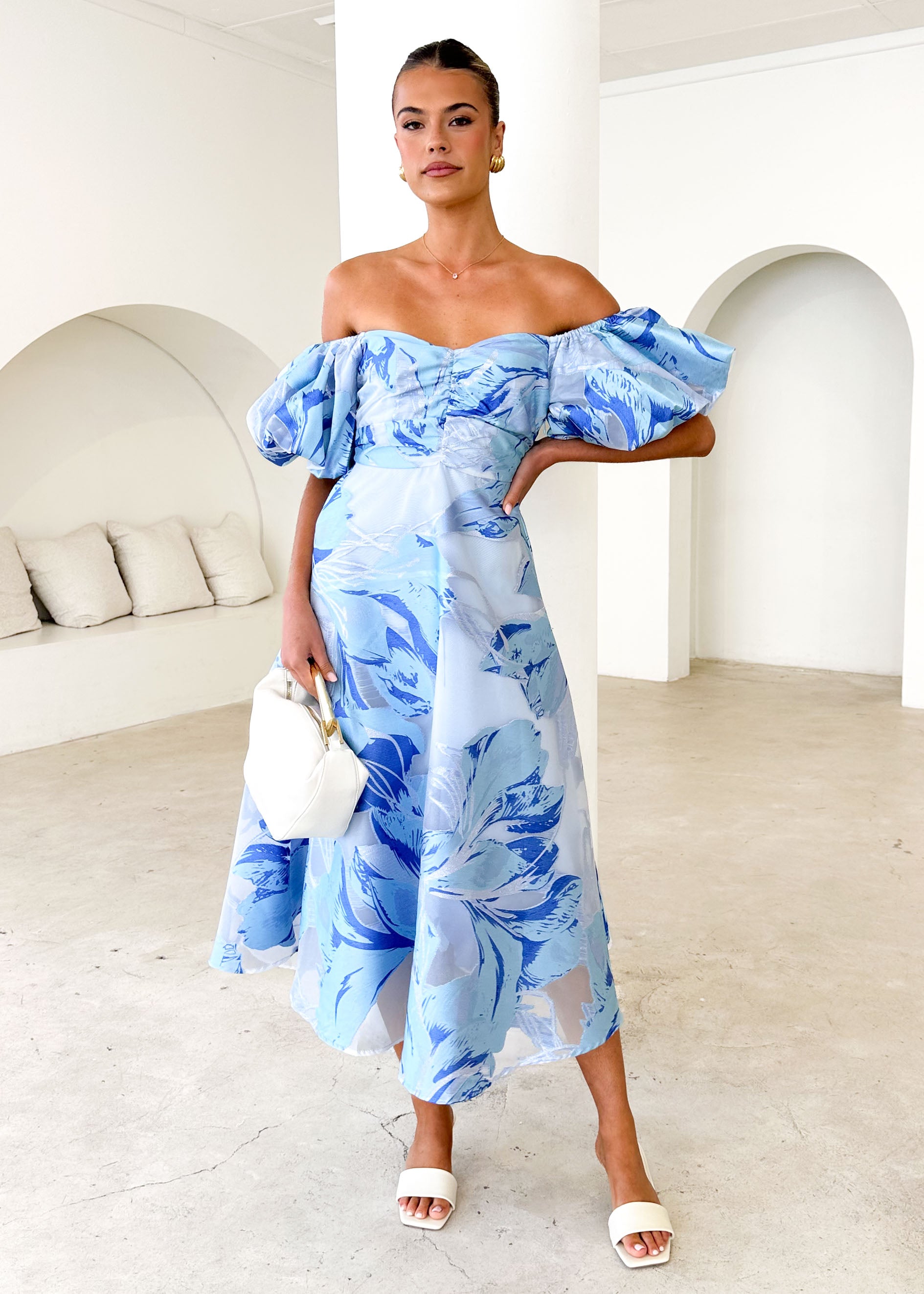 Anaya Off Shoulder Midi Dress - Sky Jacquard