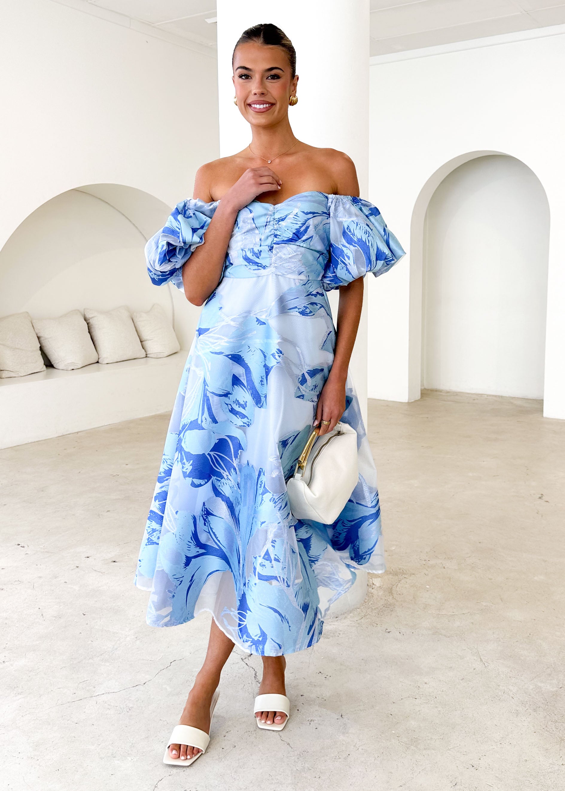 Anaya Off Shoulder Midi Dress - Sky Jacquard