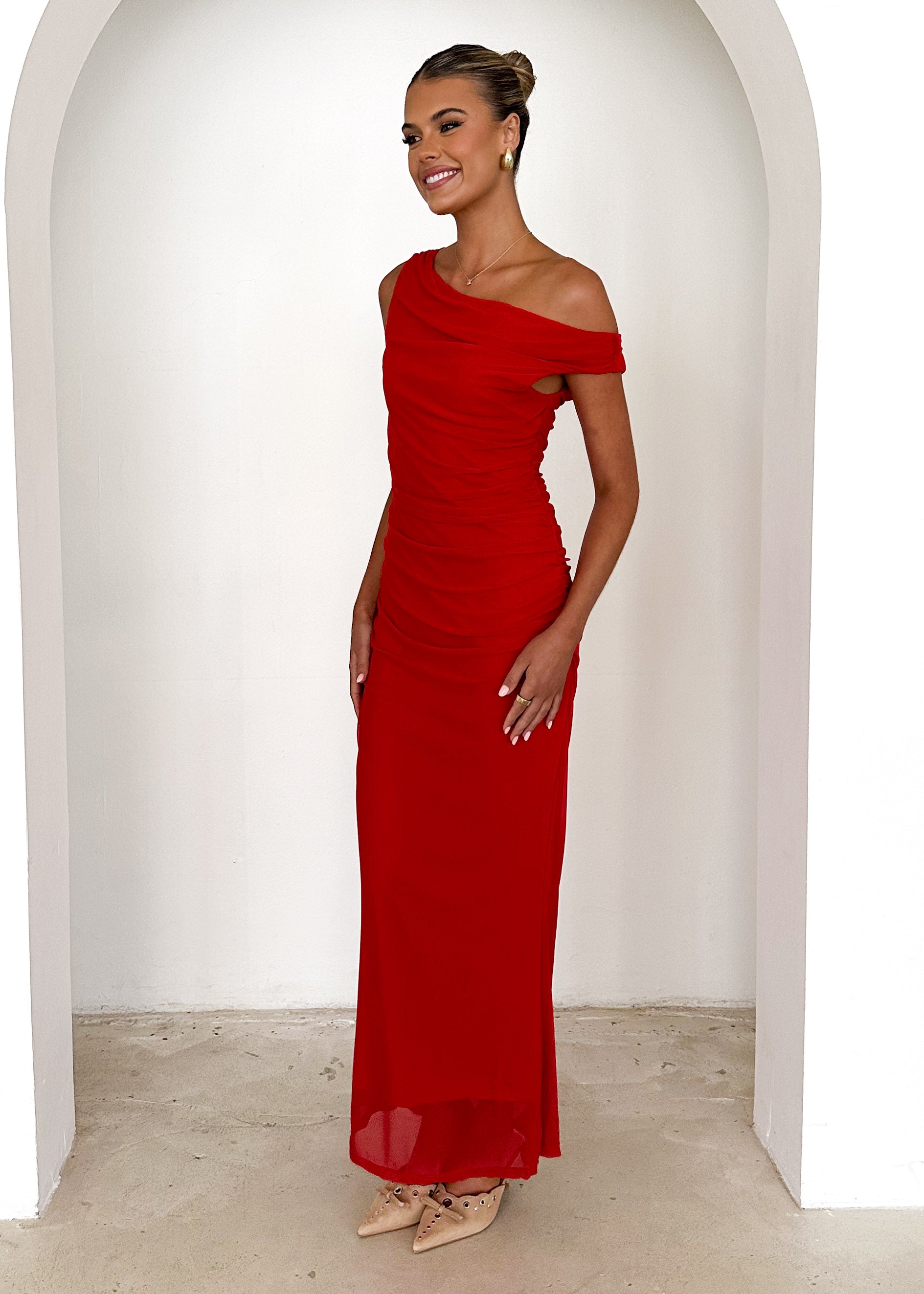 Lita One Shoulder Maxi Dress - Red