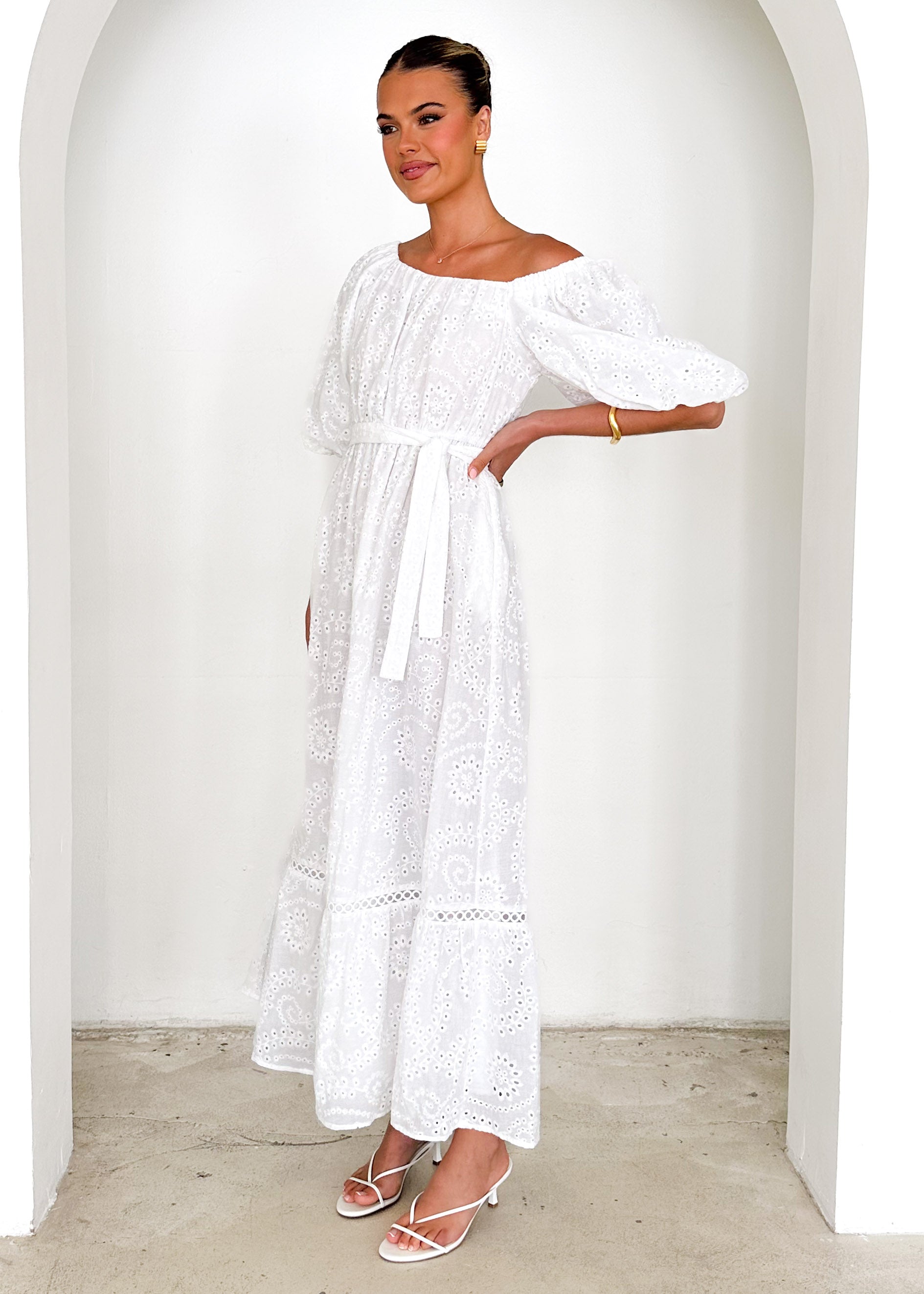 Ellerie Midi Dress - White Anglaise