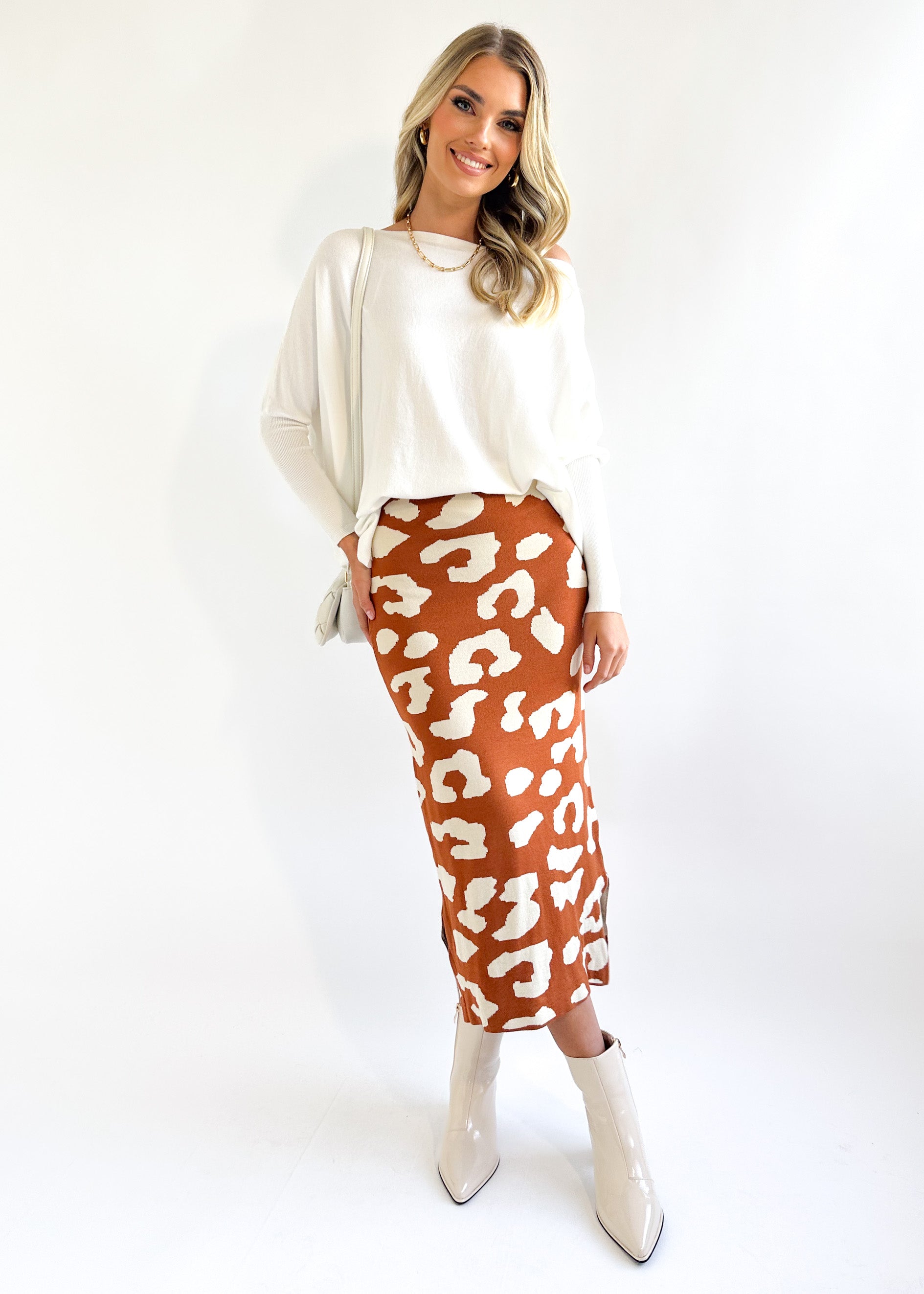 Rennia Knit Midi Skirt - Tan Leopard