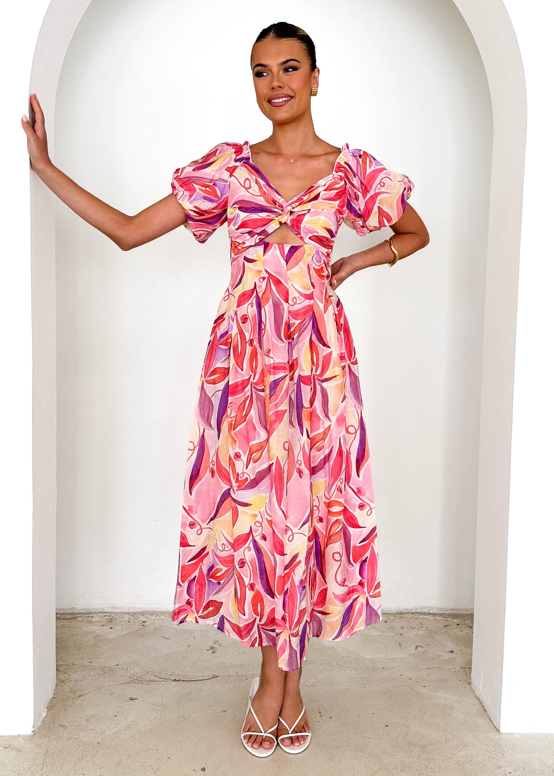 Bolero Off Shoulder Maxi Dress - Pink Abstract