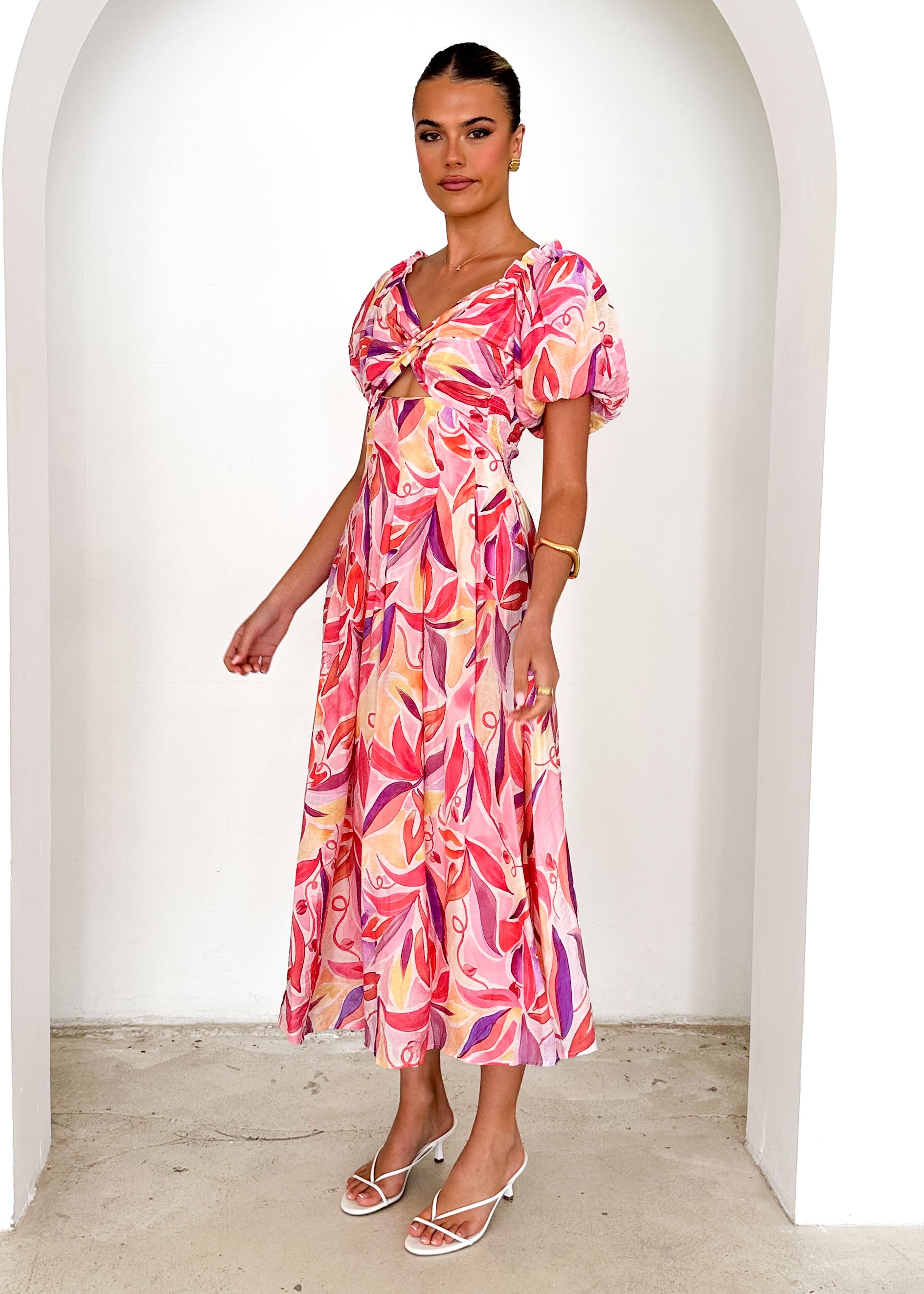 Bolero Off Shoulder Maxi Dress - Pink Abstract