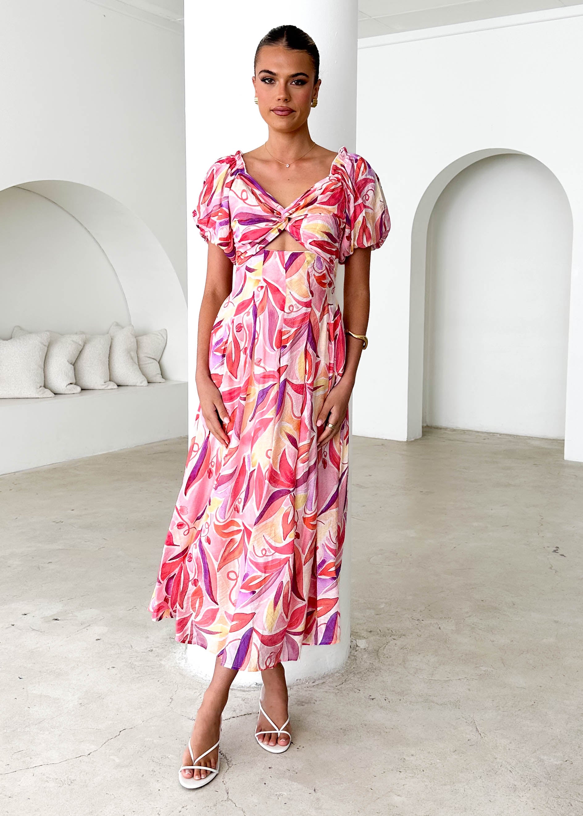 Bolero Off Shoulder Maxi Dress - Pink Abstract