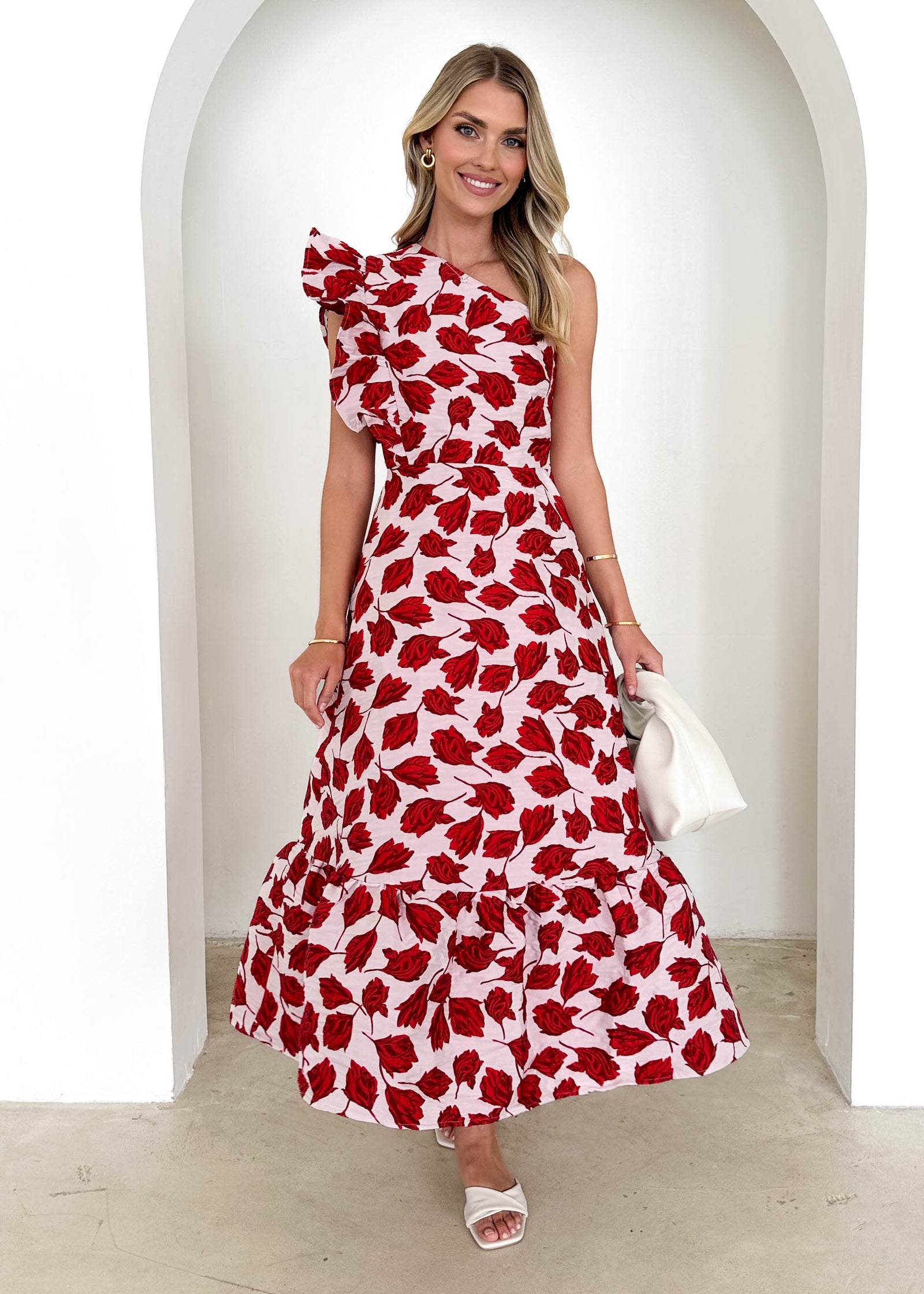 victoriana one shoulder floral midi dress Pink Textured Floral One Shoulder Sybil Maxi Dress