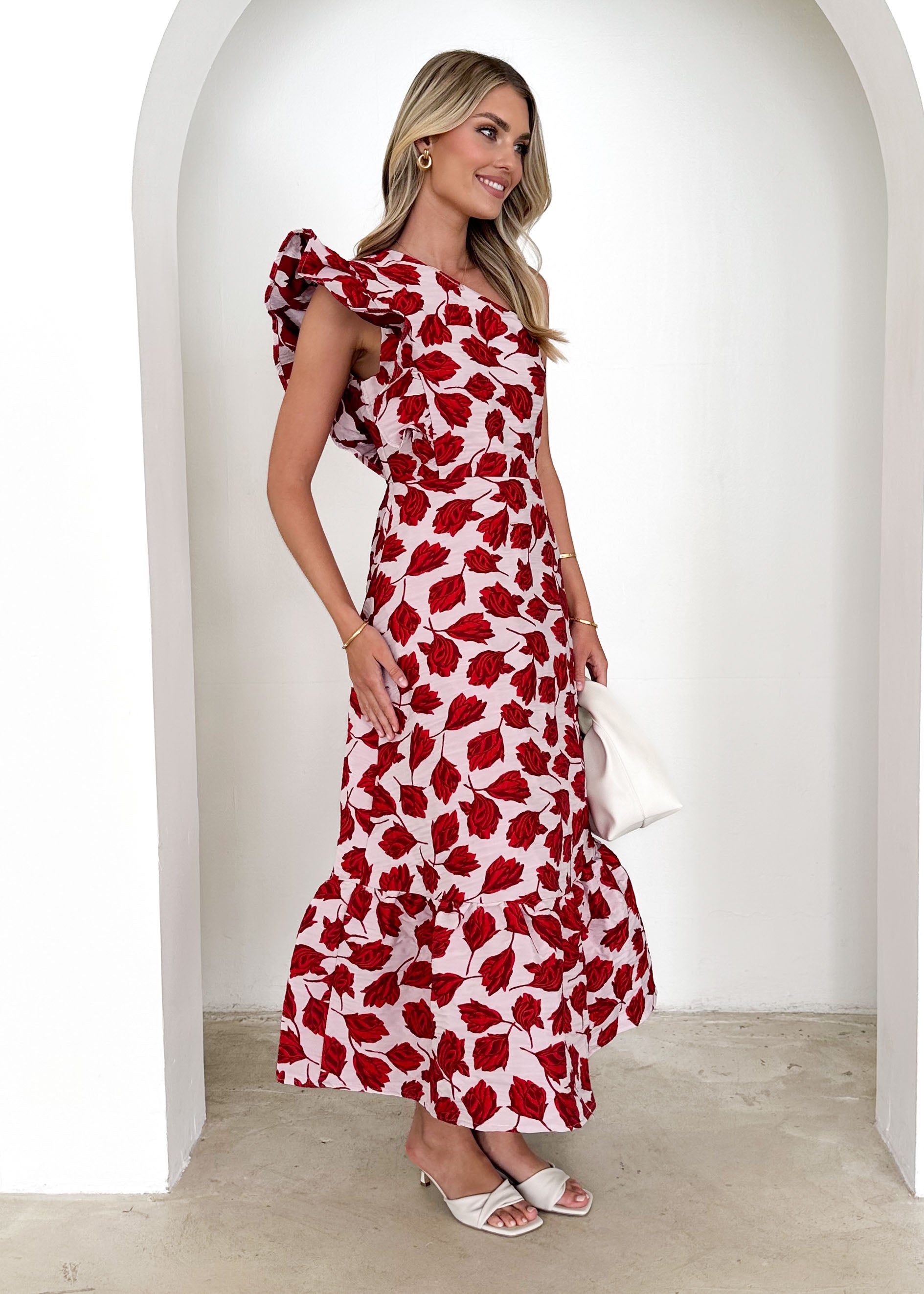 Florez One Shoulder Midi Dress - Red Rose