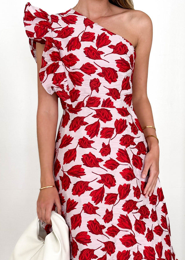 Florez One Shoulder Midi Dress - Red Rose Gingham & Heels Florez One Shoulder Midi Dress - Red Rose Gingham & Heels